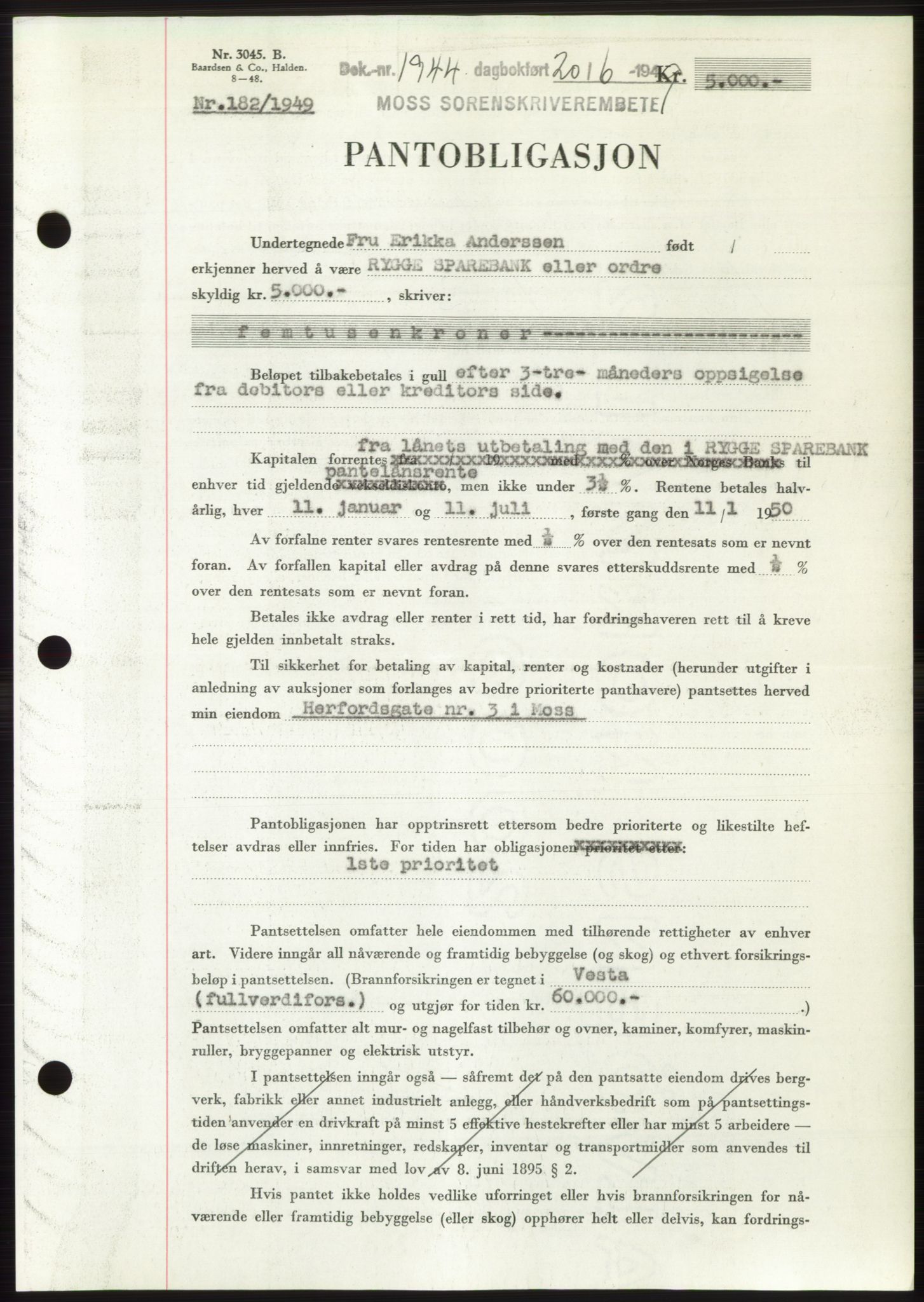 Moss sorenskriveri, SAO/A-10168: Pantebok nr. B22, 1949-1949, Dagboknr: 1944/1949