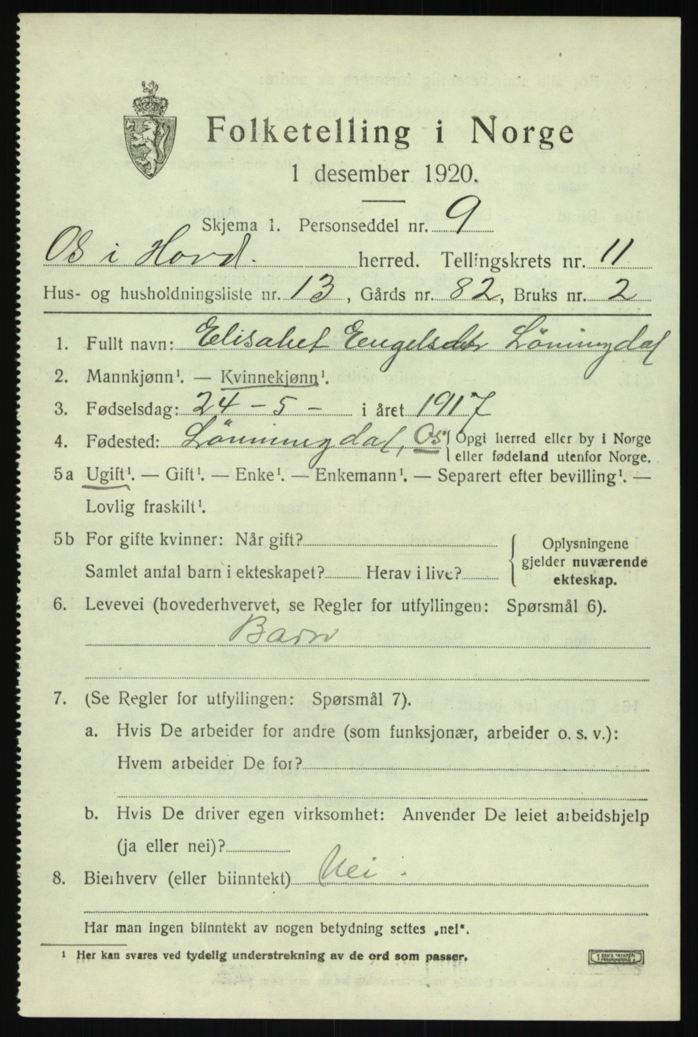 SAB, Folketelling 1920 for 1243 Os herred, 1920, s. 8934