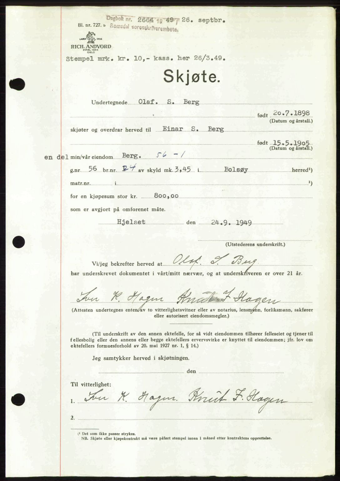 Romsdal sorenskriveri, SAT/A-4149/1/2/2C: Pantebok nr. A31, 1949-1949, Dagboknr: 2664/1949