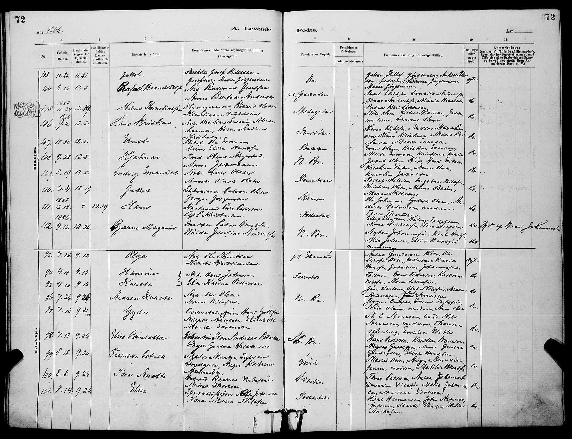 Skien kirkebøker, AV/SAKO-A-302/G/Ga/L0006: Klokkerbok nr. 6, 1881-1890, s. 72