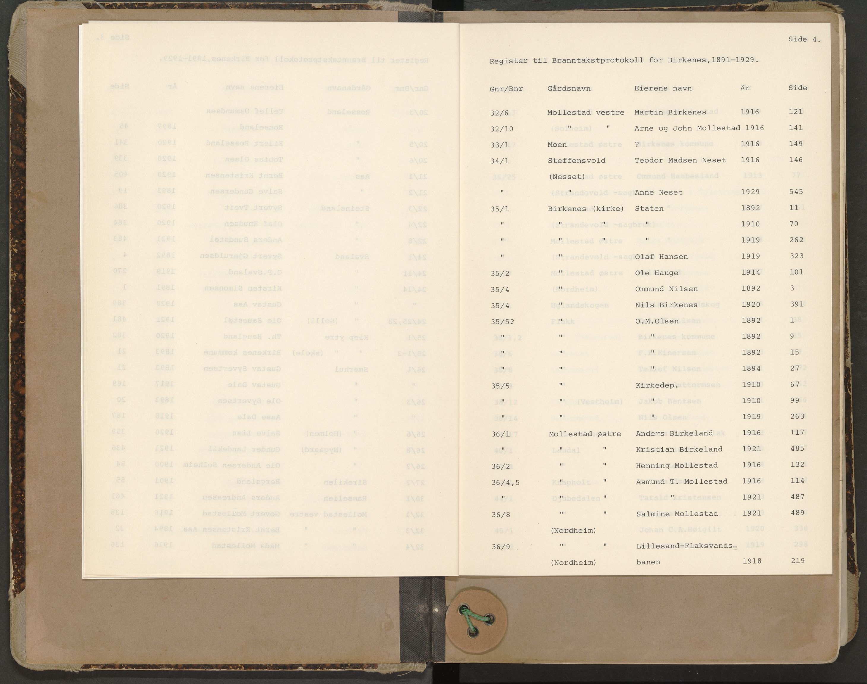 Norges Brannkasse Birkenes, AV/SAK-2241-0005/F/Fa/L0002: Branntakstprotokoll nr. 2 med gårdsnavnregister, 1891-1929