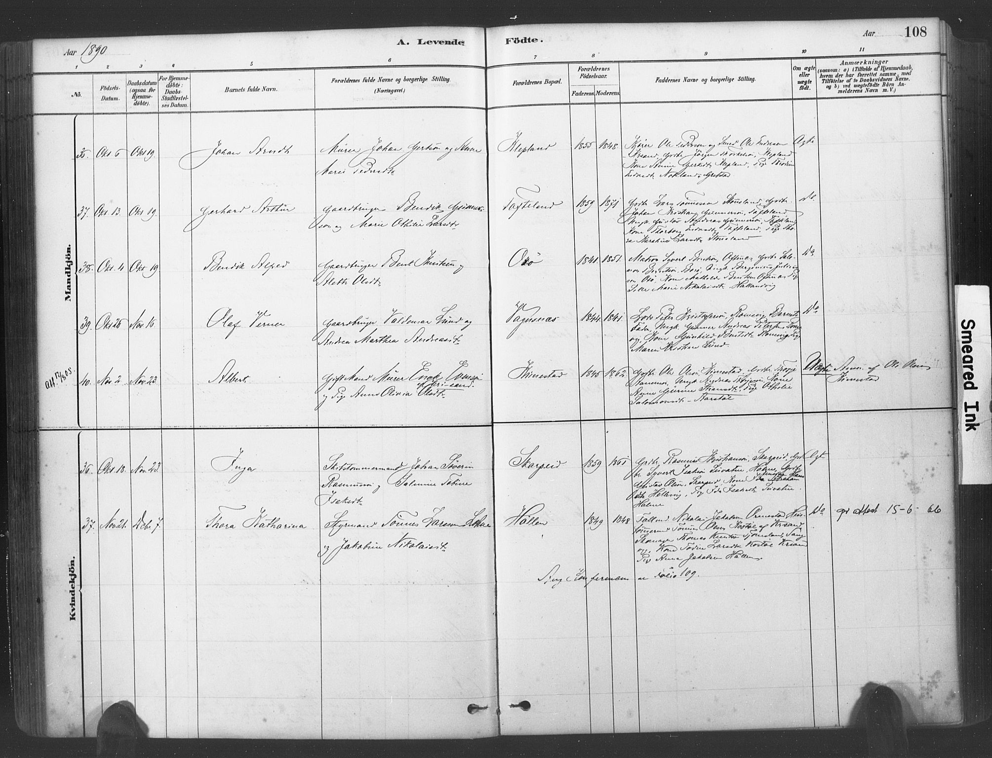 Søgne sokneprestkontor, SAK/1111-0037/F/Fa/Fab/L0012: Ministerialbok nr. A 12, 1880-1891, s. 108