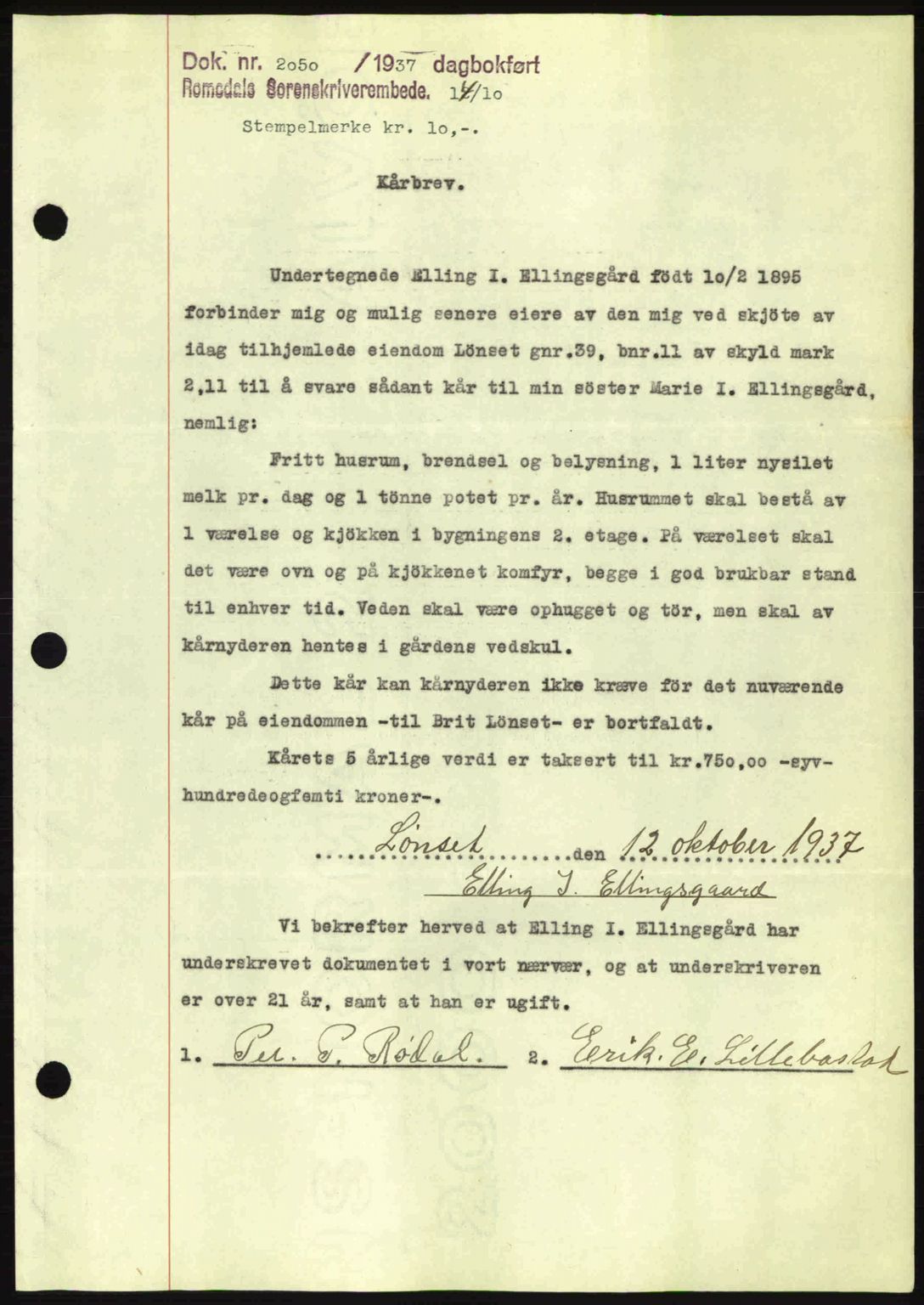 Romsdal sorenskriveri, SAT/A-4149/1/2/2C: Pantebok nr. A4, 1937-1938, Dagboknr: 2050/1937