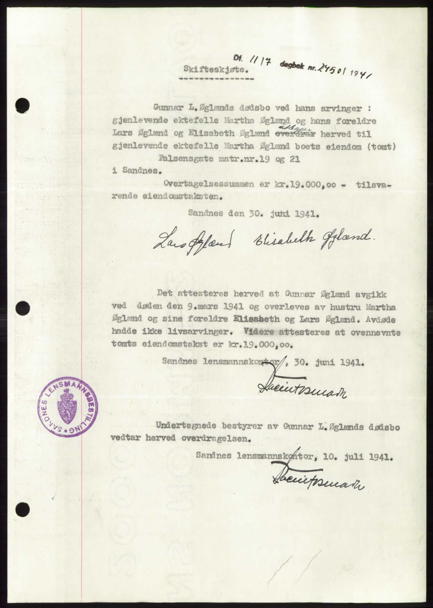 Jæren sorenskriveri, SAST/A-100310/03/G/Gba/L0080: Pantebok, 1941-1941, Dagboknr: 2450/1941