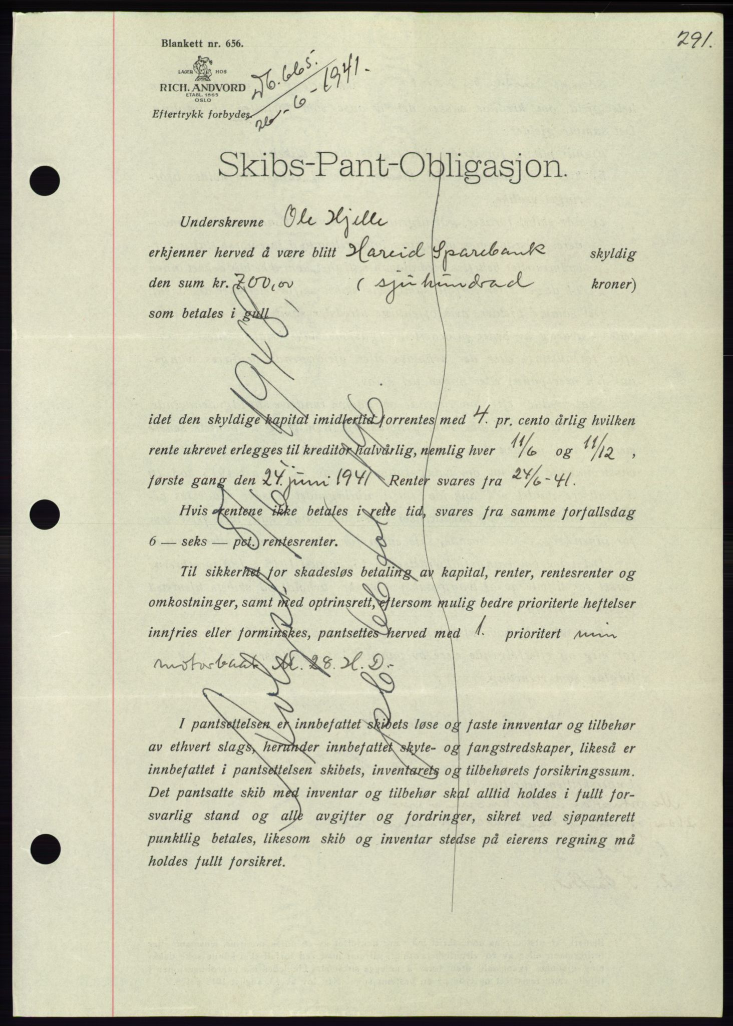 Søre Sunnmøre sorenskriveri, AV/SAT-A-4122/1/2/2C/L0071: Pantebok nr. 65, 1941-1941, Dagboknr: 665/1941