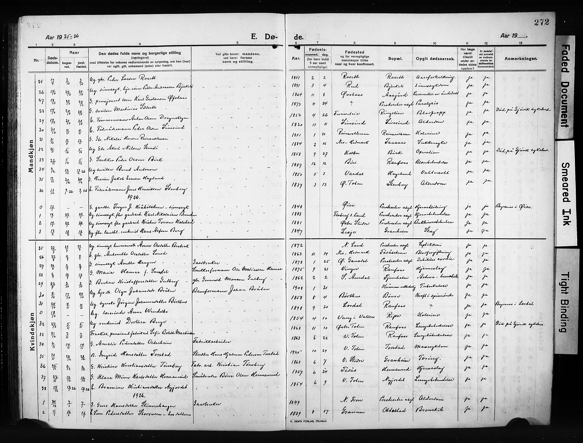 Vestre Toten prestekontor, SAH/PREST-108/H/Ha/Hab/L0012: Klokkerbok nr. 12, 1909-1928, s. 272