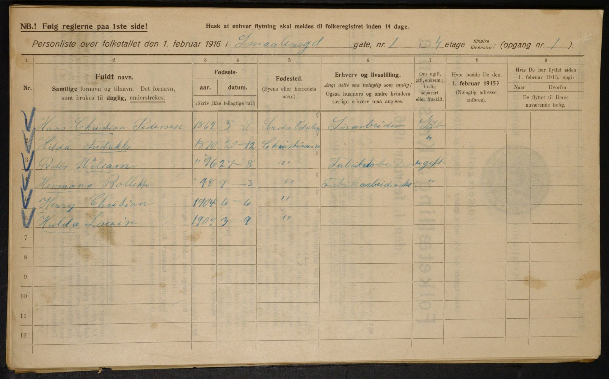 OBA, Kommunal folketelling 1.2.1916 for Kristiania, 1916, s. 100162