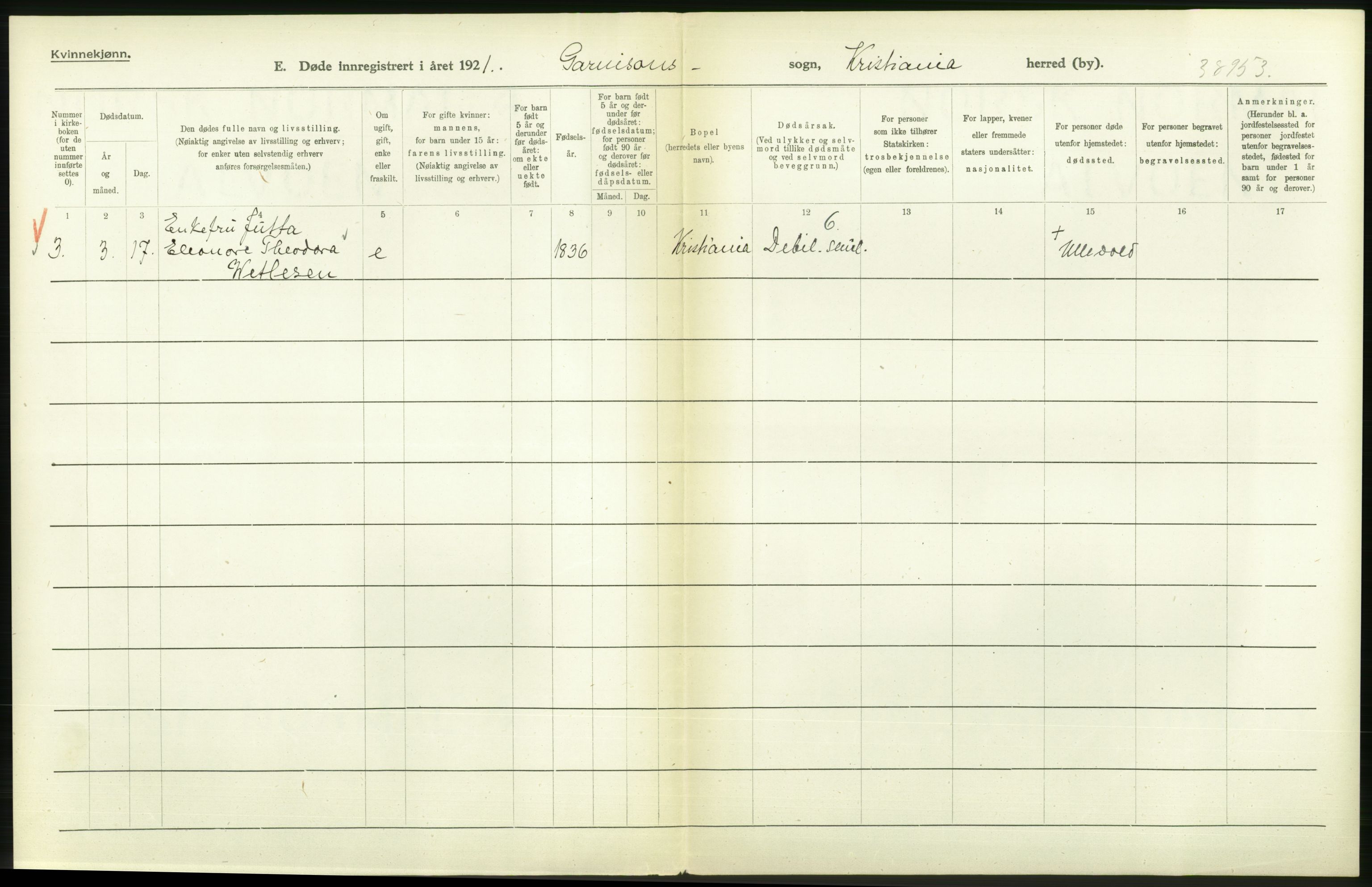 Statistisk sentralbyrå, Sosiodemografiske emner, Befolkning, AV/RA-S-2228/D/Df/Dfc/Dfca/L0013: Kristiania: Døde, dødfødte, 1921, s. 176