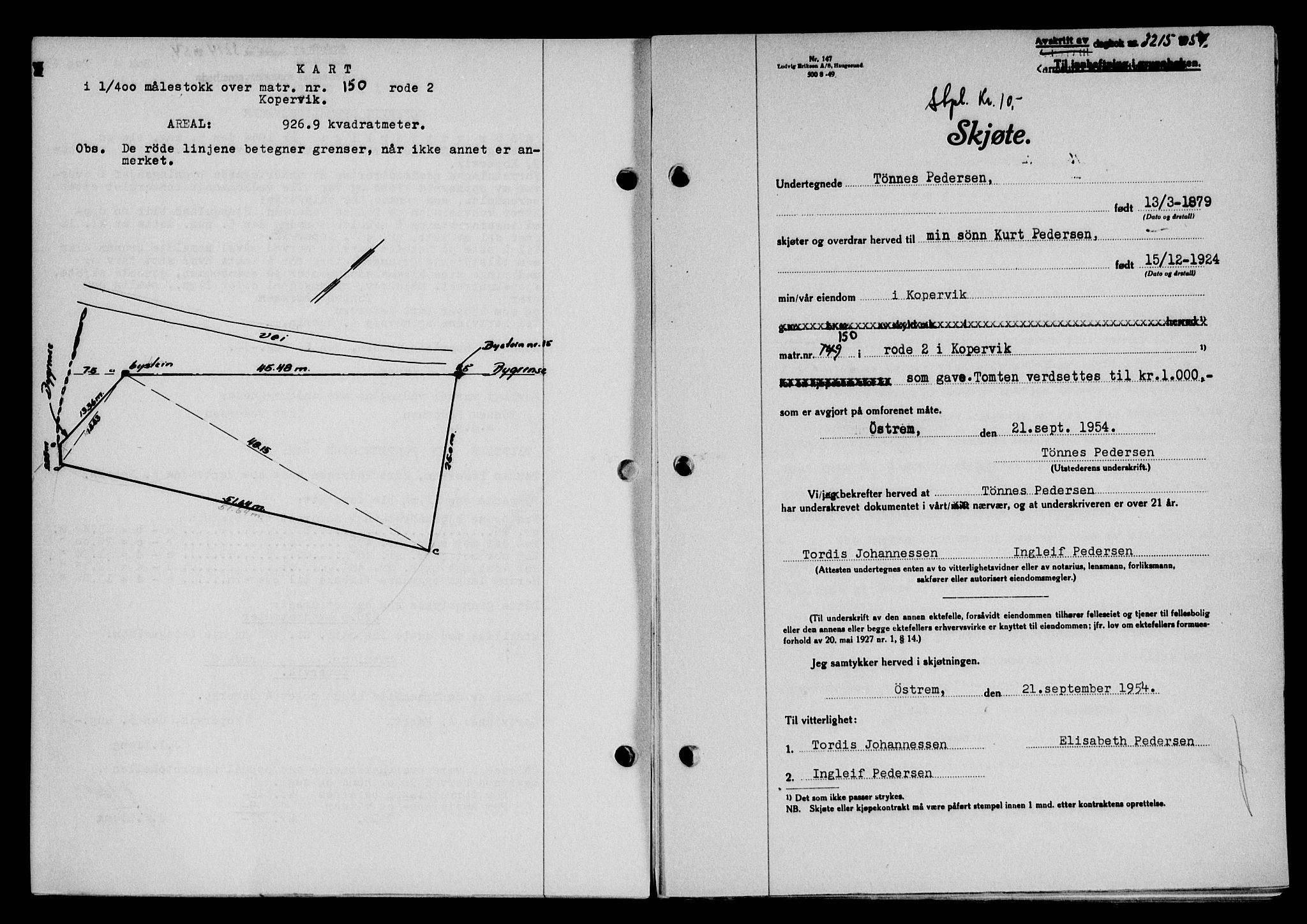 Karmsund sorenskriveri, SAST/A-100311/01/II/IIB/L0113: Pantebok nr. 93A, 1954-1954, Dagboknr: 3215/1954