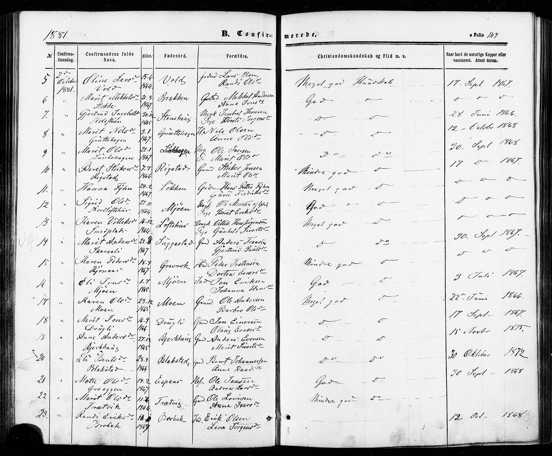 Ministerialprotokoller, klokkerbøker og fødselsregistre - Sør-Trøndelag, SAT/A-1456/672/L0856: Ministerialbok nr. 672A08, 1861-1881, s. 147