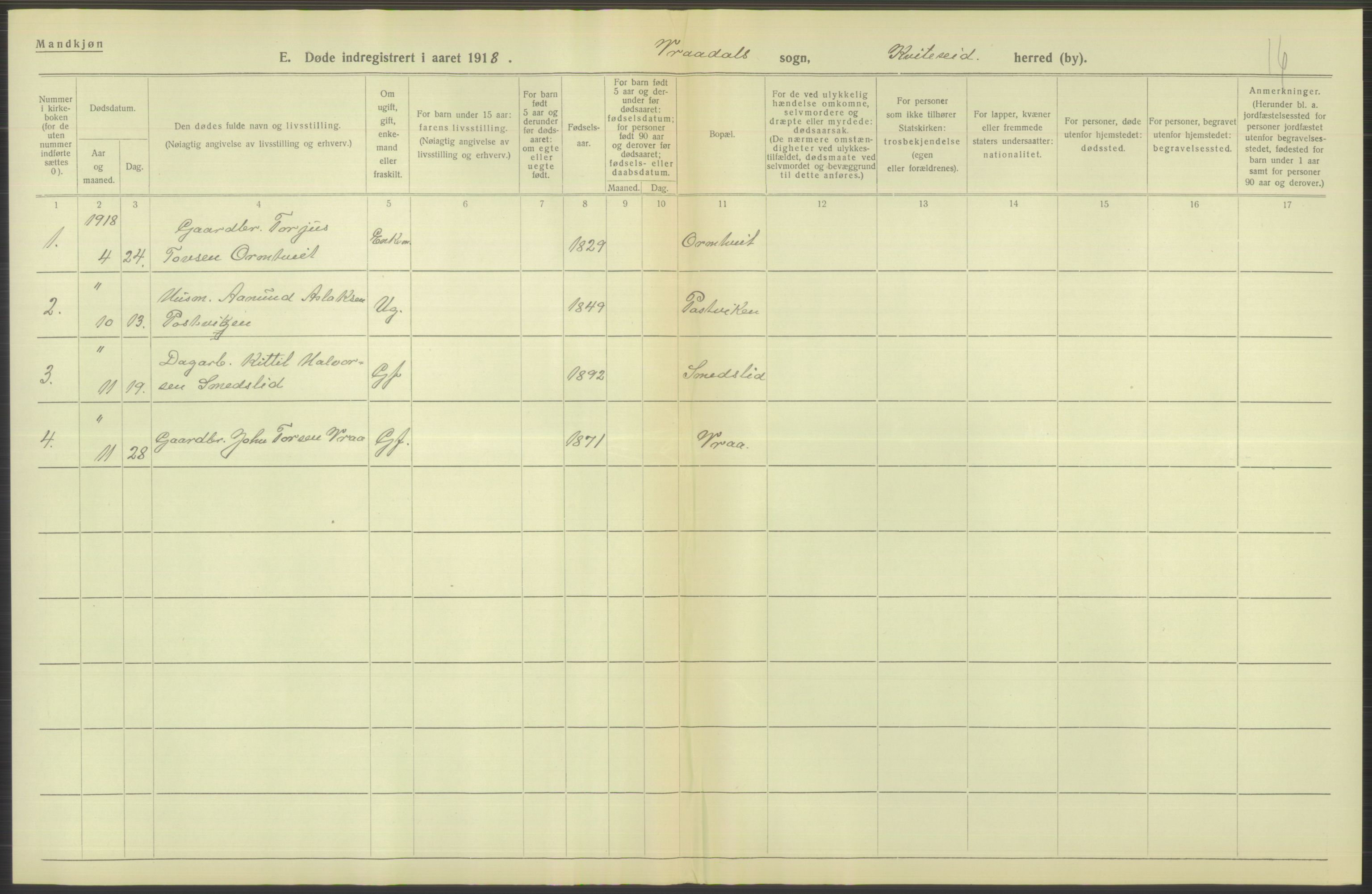 Statistisk sentralbyrå, Sosiodemografiske emner, Befolkning, AV/RA-S-2228/D/Df/Dfb/Dfbh/L0026: Telemark fylke: Døde. Bygder og byer., 1918, s. 502