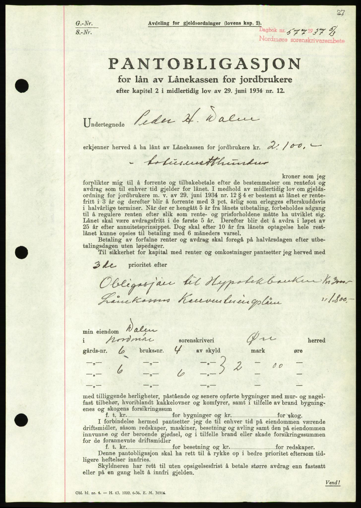 Nordmøre sorenskriveri, AV/SAT-A-4132/1/2/2Ca/L0091: Pantebok nr. B81, 1937-1937, Dagboknr: 577/1937