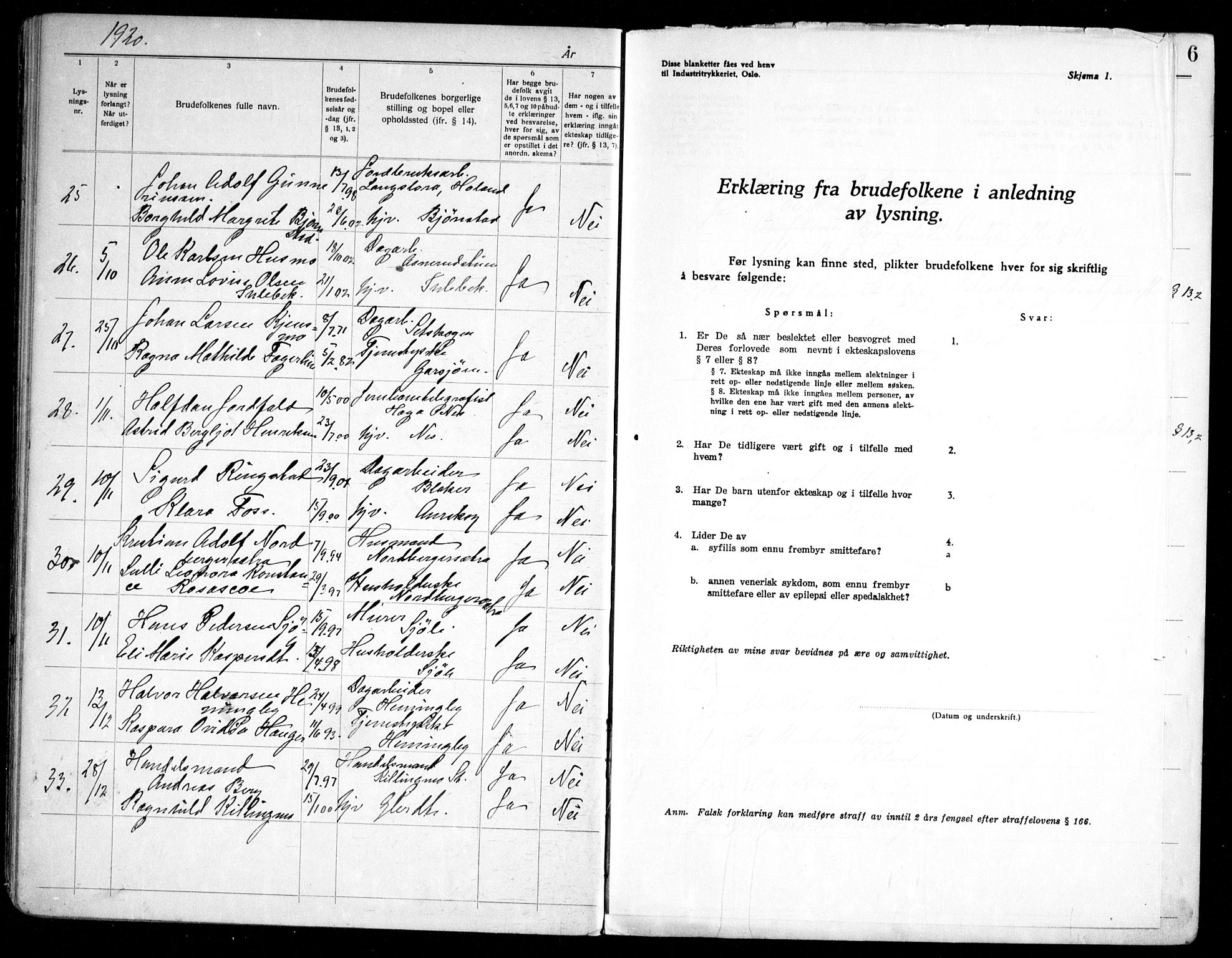 Aurskog prestekontor Kirkebøker, AV/SAO-A-10304a/H/Ha/L0002: Lysningsprotokoll nr. 2, 1919-1947, s. 6