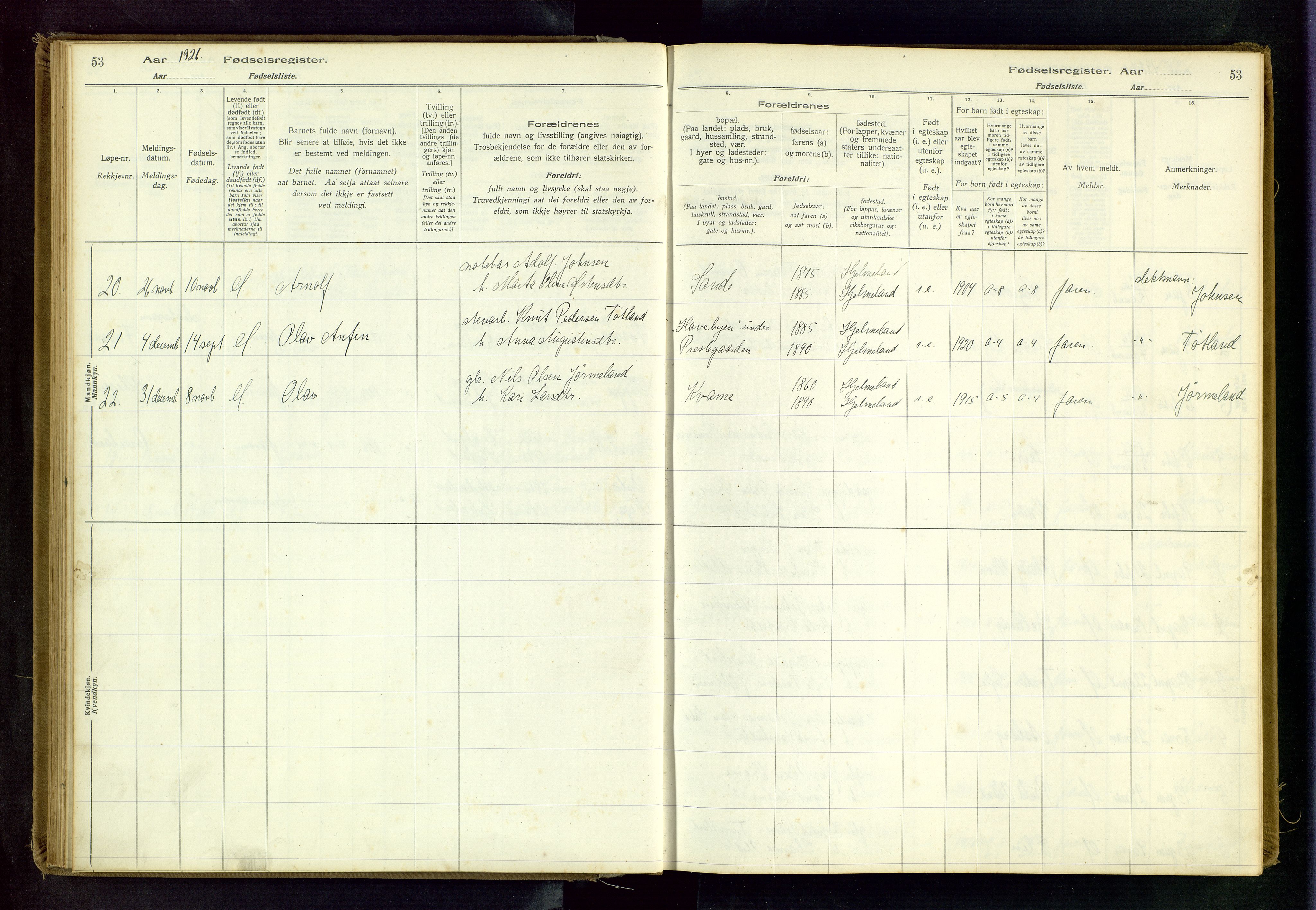 Hjelmeland sokneprestkontor, AV/SAST-A-101843/02/B/L0001: Fødselsregister nr. 1, 1916-1963, s. 53