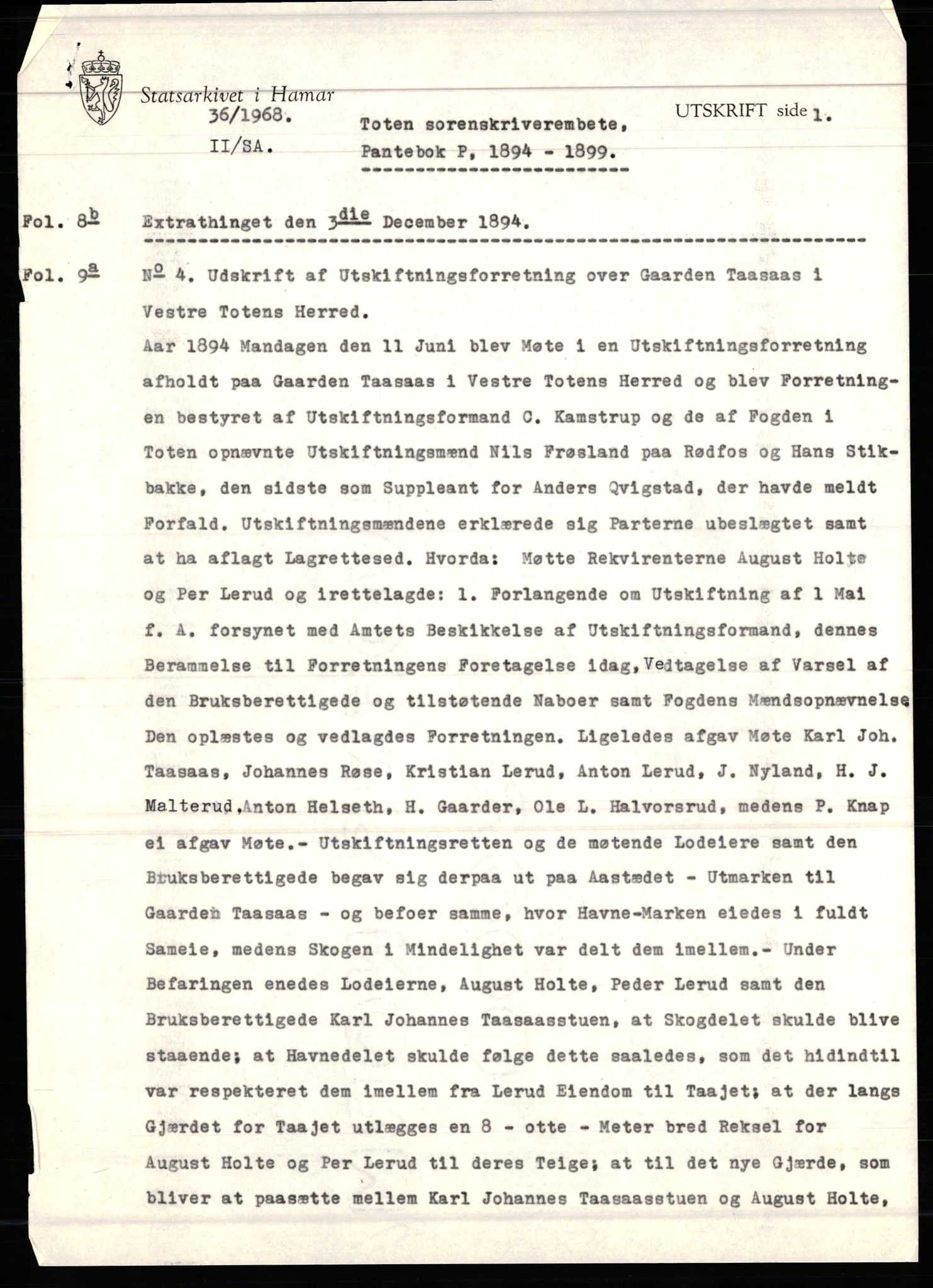 Avskriftssamlingen ved Statsarkivet i Hamar, AV/SAH-AVSKRIFT-001/H/Hf/Hfa/Hfaa/L0016: Pantebok 16=P for Toten, Vardal og Biri, 1894-1899