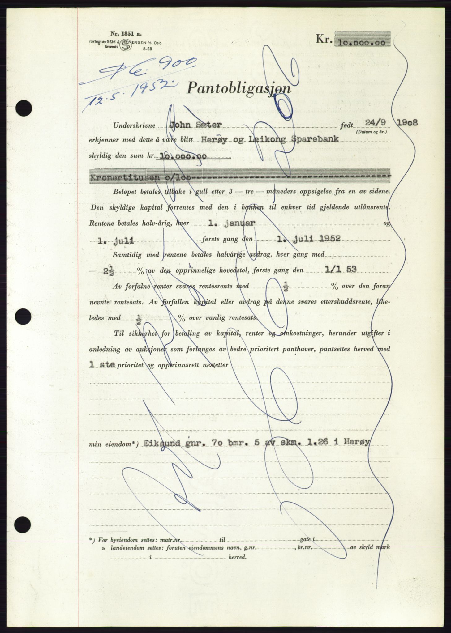 Søre Sunnmøre sorenskriveri, AV/SAT-A-4122/1/2/2C/L0121: Pantebok nr. 9B, 1951-1952, Dagboknr: 900/1952