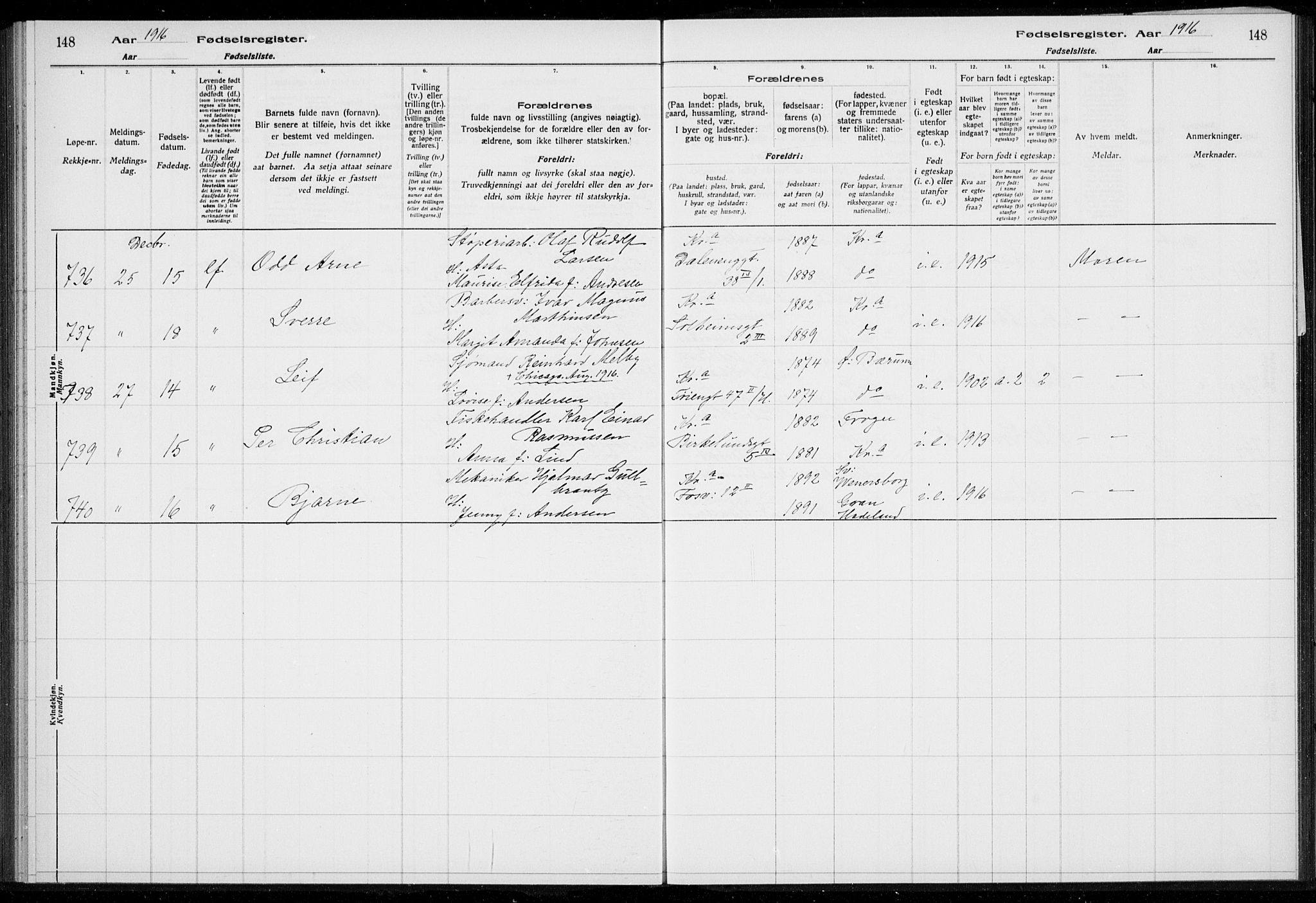 Rikshospitalet prestekontor Kirkebøker, AV/SAO-A-10309b/J/L0001: Fødselsregister nr. 1, 1916-1916, s. 148