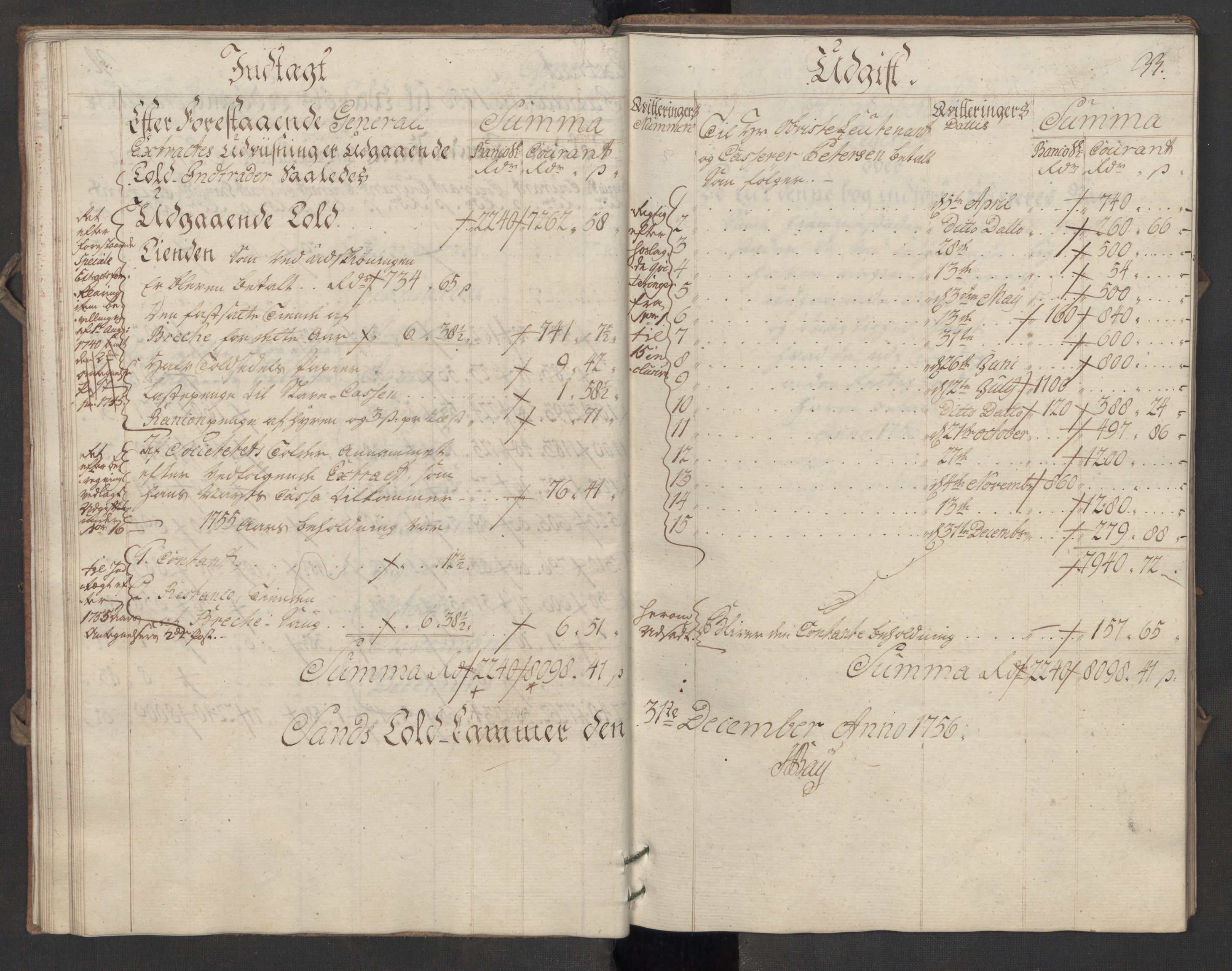 Generaltollkammeret, tollregnskaper, AV/RA-EA-5490/R07/L0016/0002: Tollregnskaper Sand / Utgående hovedtollbok, 1756, s. 32b-33a