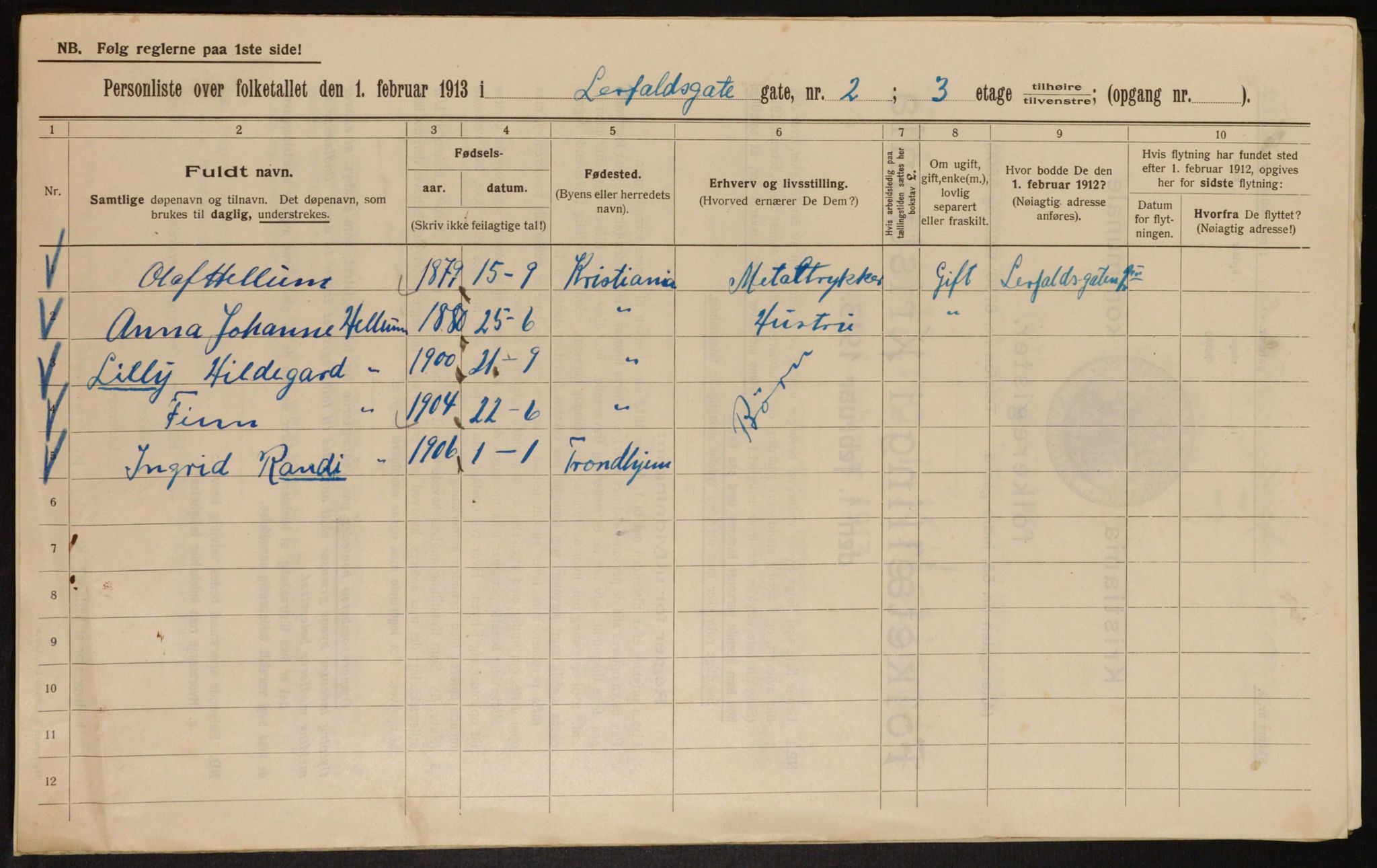 OBA, Kommunal folketelling 1.2.1913 for Kristiania, 1913, s. 57032