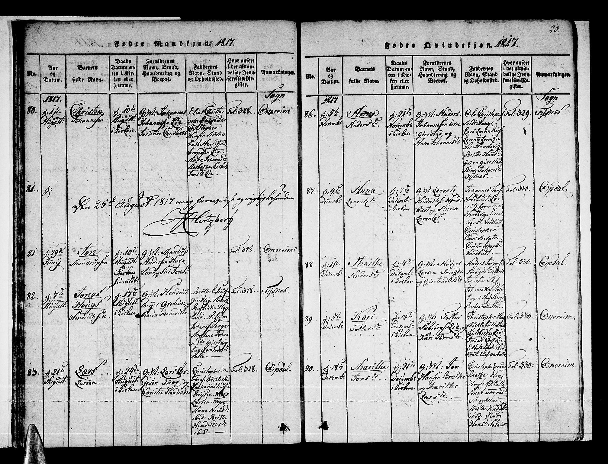 Tysnes sokneprestembete, AV/SAB-A-78601/H/Haa: Ministerialbok nr. A 7, 1816-1826, s. 20