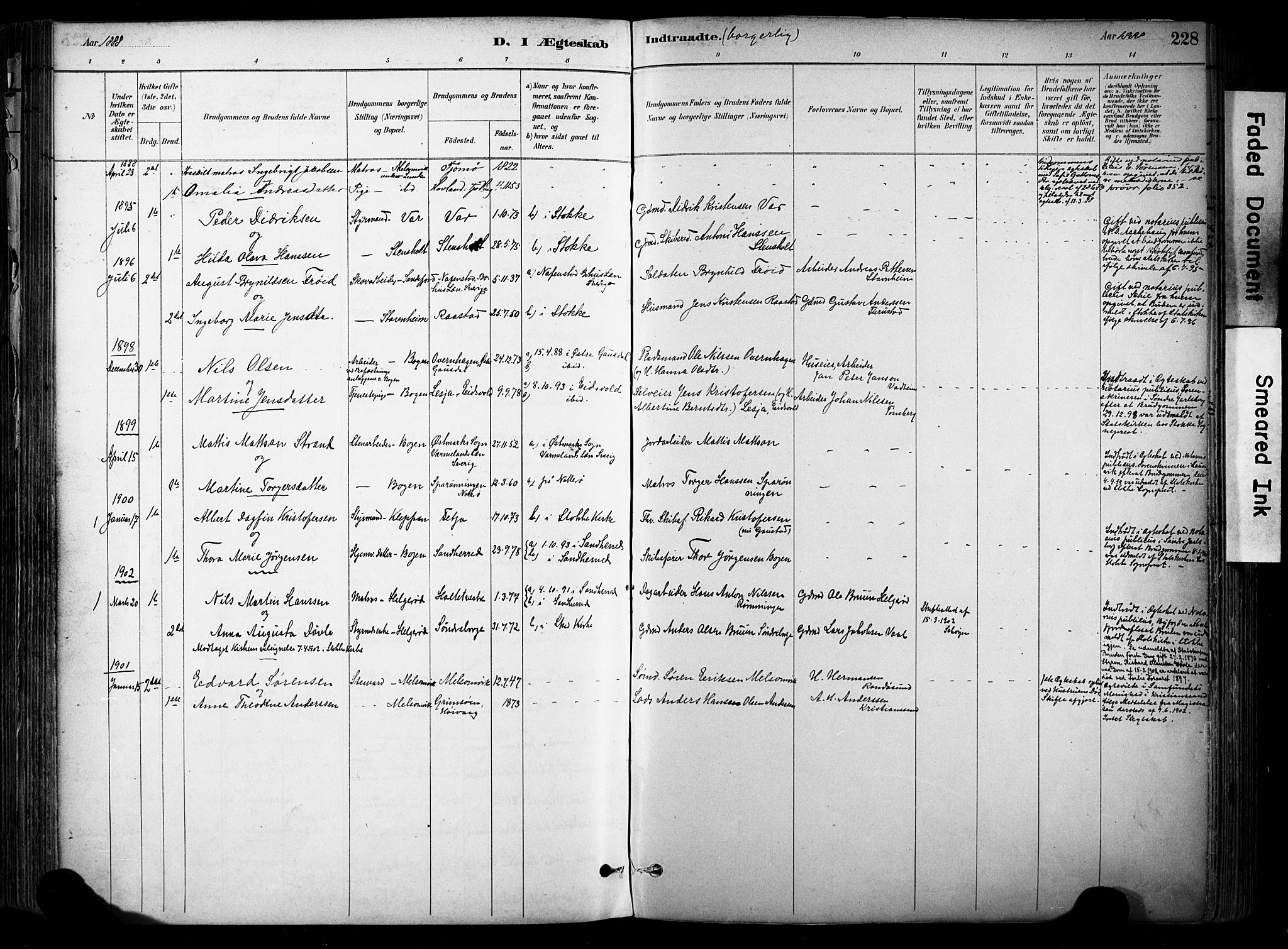 Stokke kirkebøker, AV/SAKO-A-320/F/Fa/L0010: Ministerialbok nr. I 10, 1884-1903, s. 228