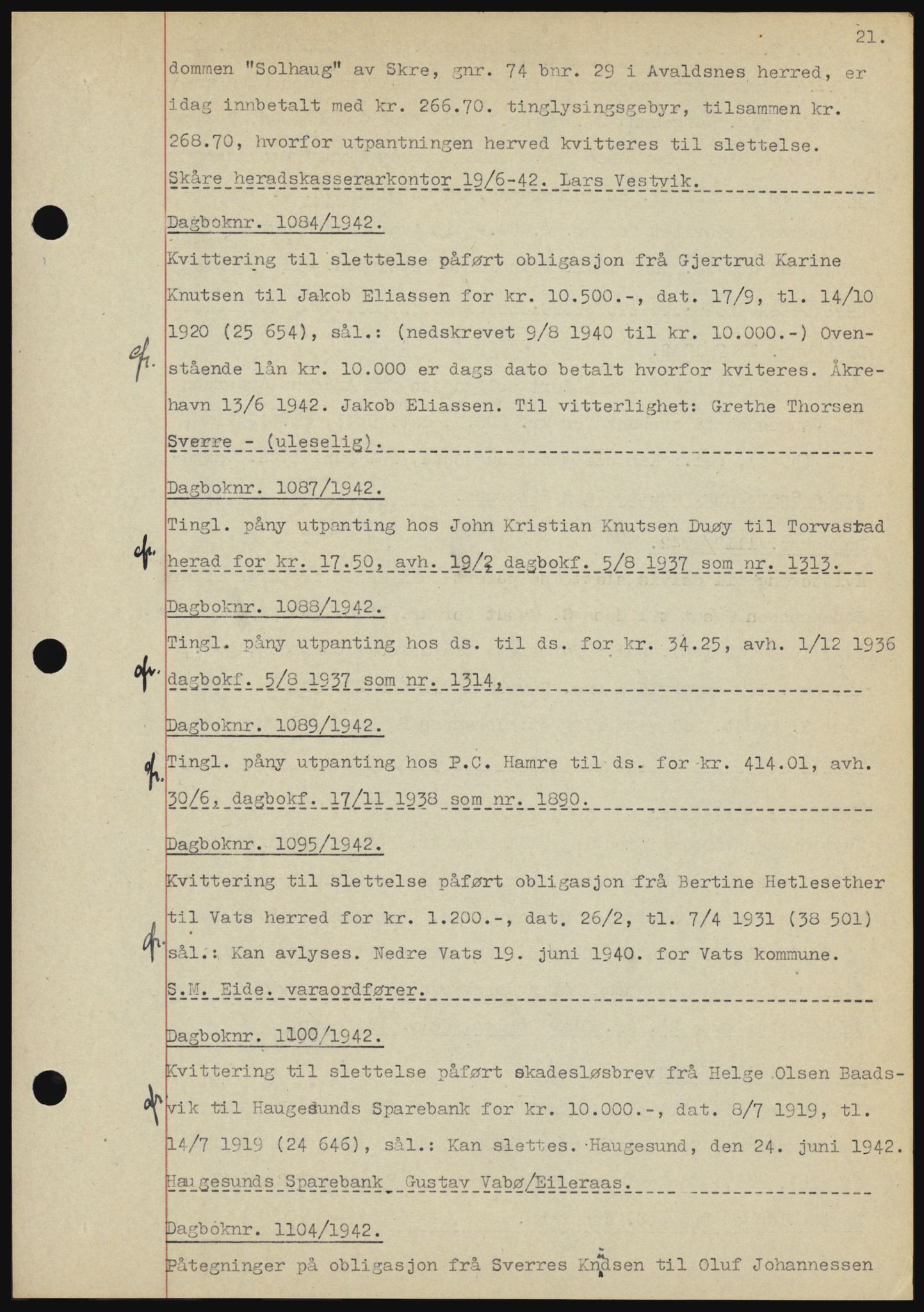 Karmsund sorenskriveri, SAST/A-100311/01/II/IIBBE/L0008: Pantebok nr. B 54, 1942-1943, Dagboknr: 1084/1942