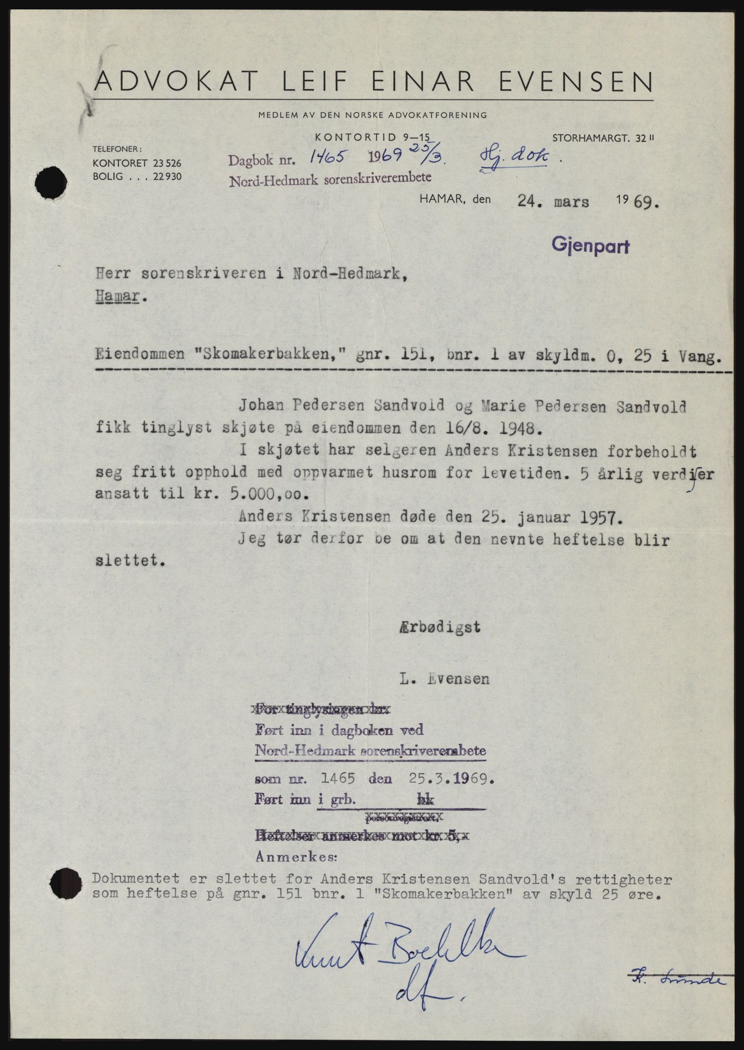 Nord-Hedmark sorenskriveri, SAH/TING-012/H/Hc/L0030: Pantebok nr. 30, 1969-1969, Dagboknr: 1465/1969