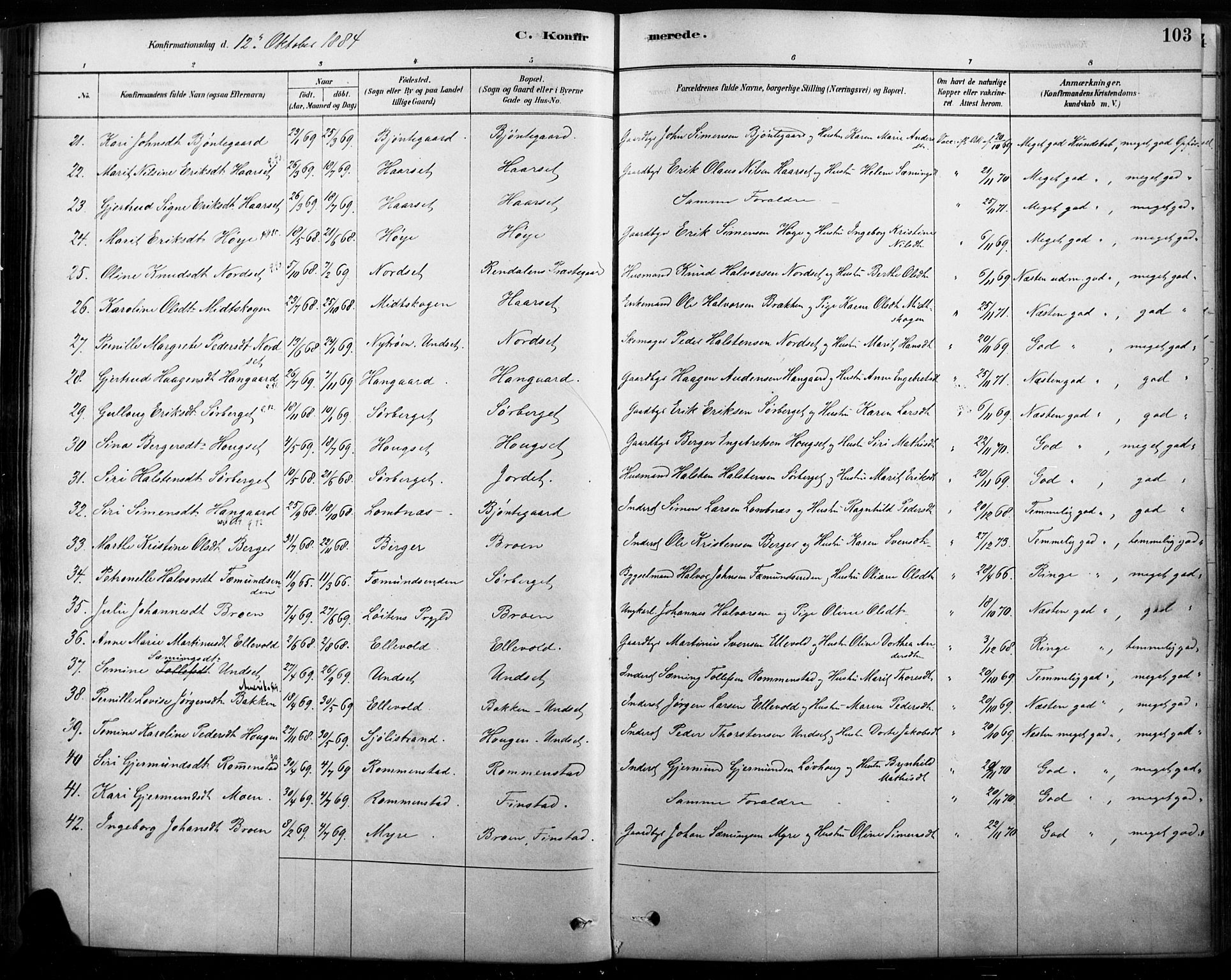 Rendalen prestekontor, AV/SAH-PREST-054/H/Ha/Haa/L0009: Ministerialbok nr. 9, 1878-1901, s. 103