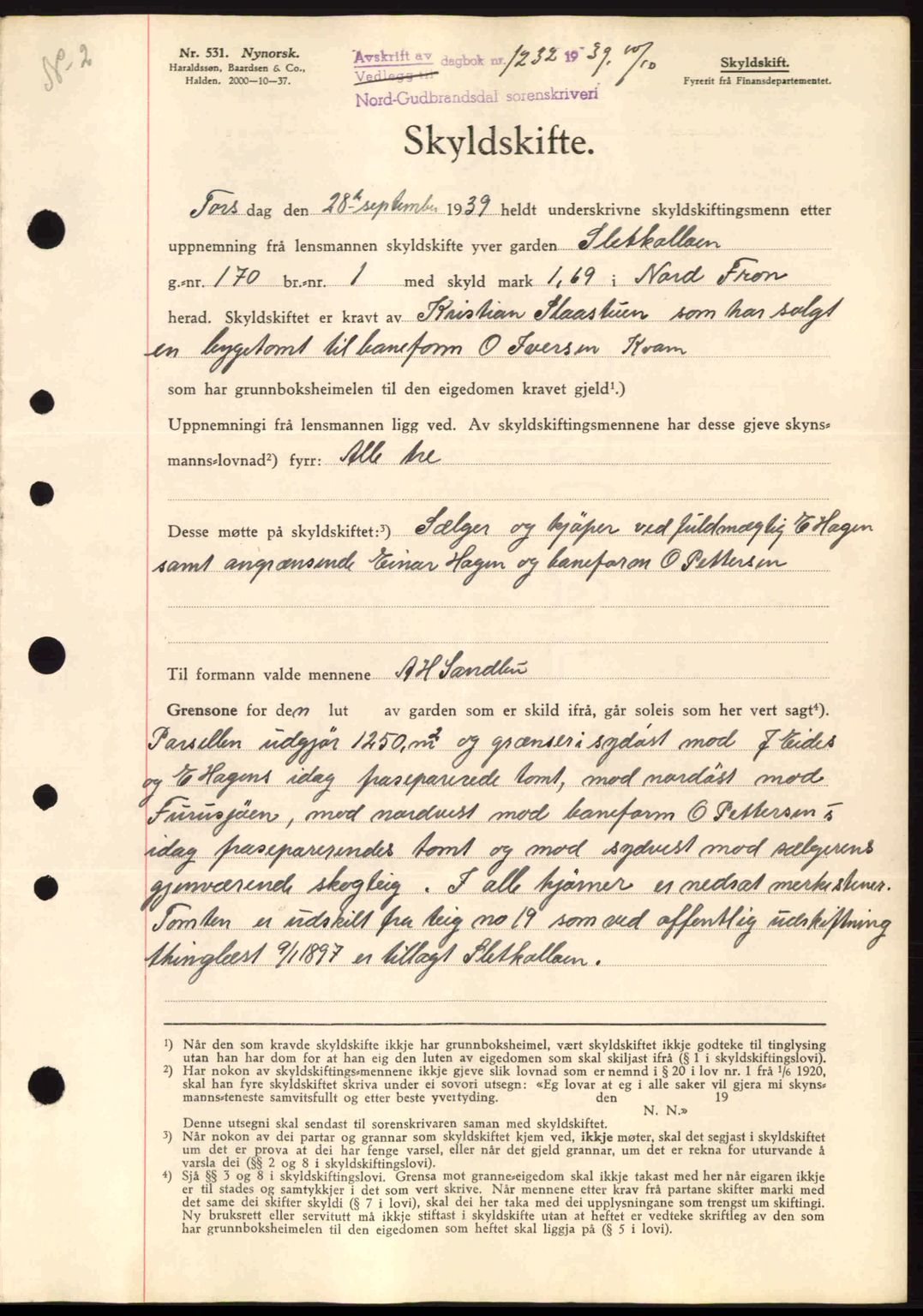 Nord-Gudbrandsdal tingrett, SAH/TING-002/H/Hb/Hbb/L0005: Pantebok nr. FA5, 1939-1940, Dagboknr: 1232/1939