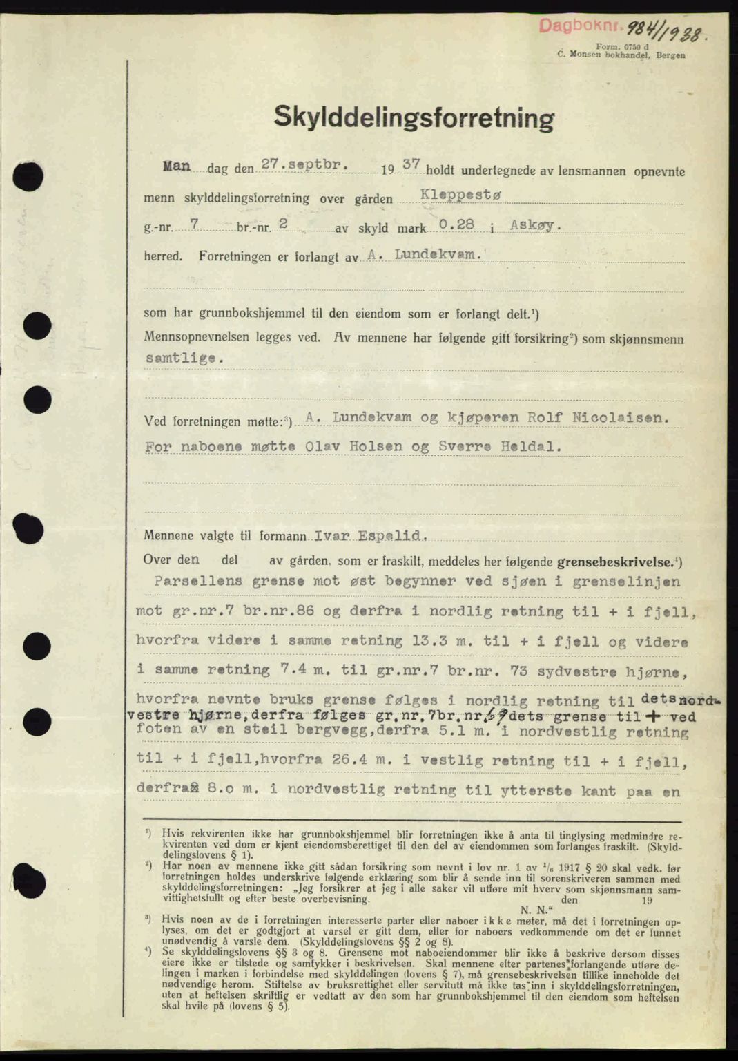 Midhordland sorenskriveri, SAB/A-3001/1/G/Gb/Gbh/L0005: Pantebok nr. A9-10, 1938-1938, Dagboknr: 984/1938