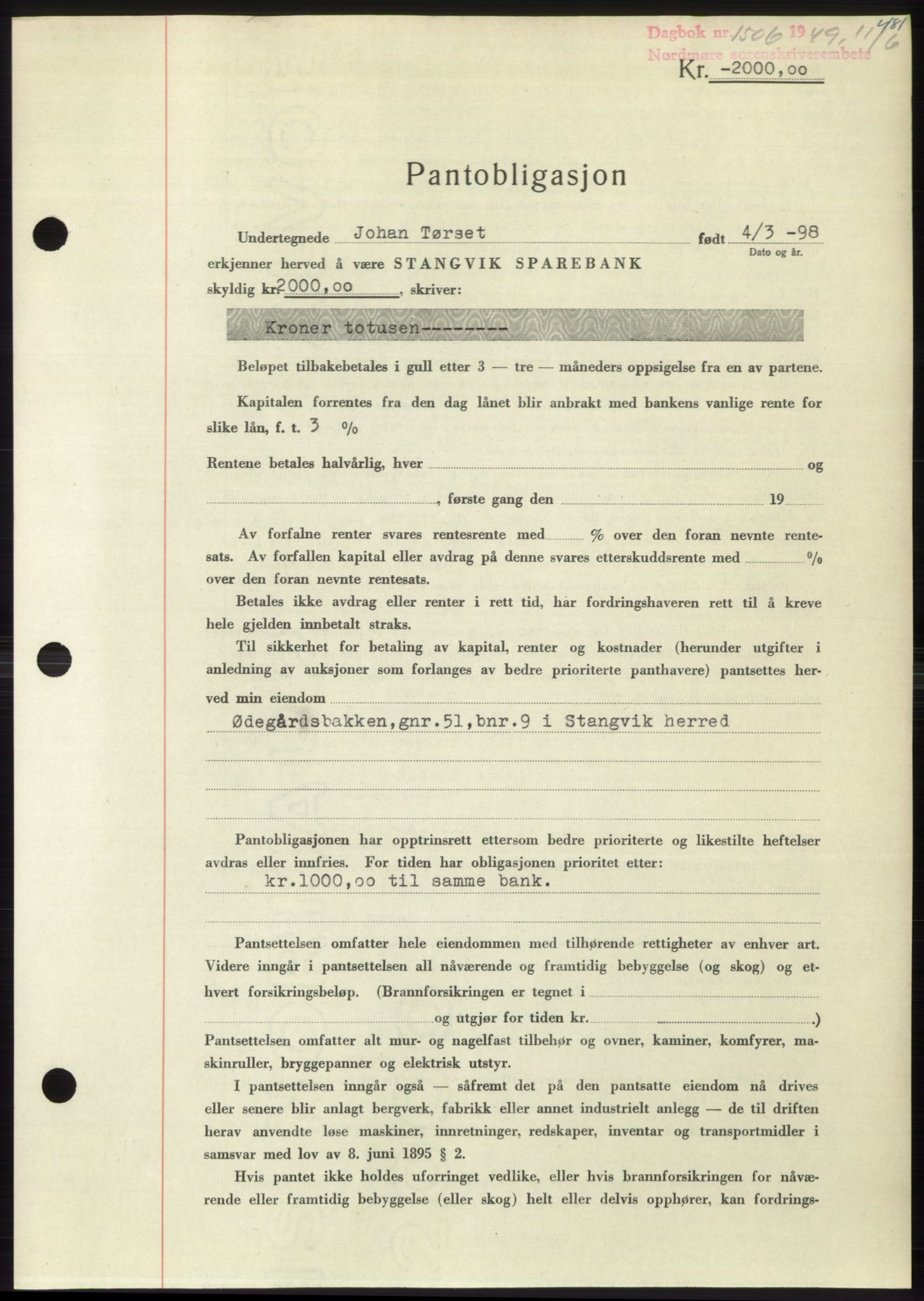 Nordmøre sorenskriveri, SAT/A-4132/1/2/2Ca: Pantebok nr. B101, 1949-1949, Dagboknr: 1506/1949