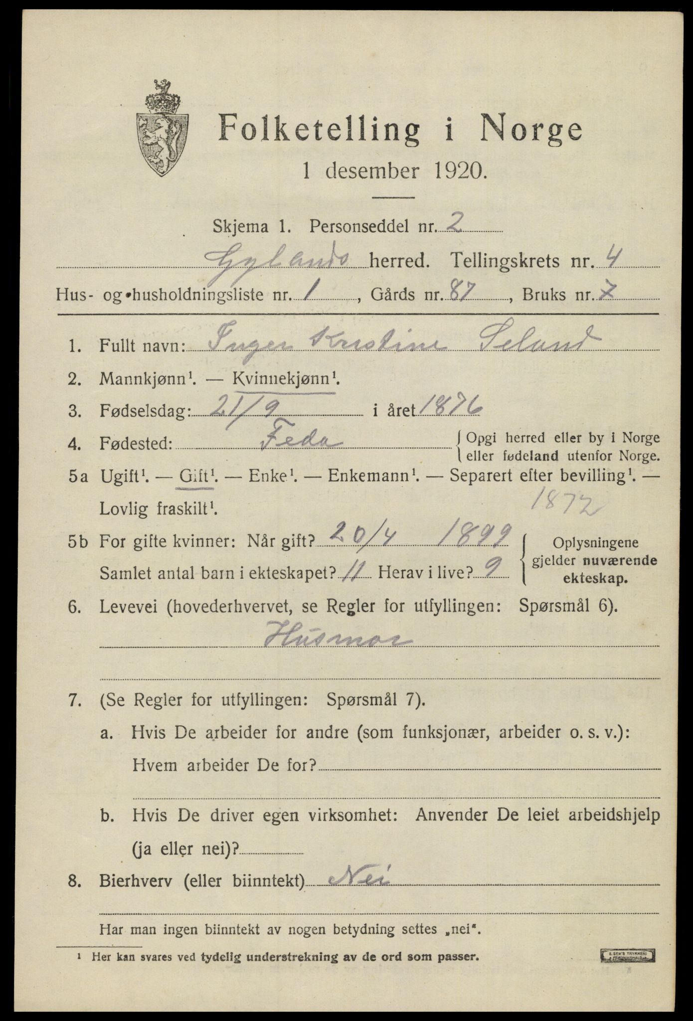 SAK, Folketelling 1920 for 1044 Gyland herred, 1920, s. 1040
