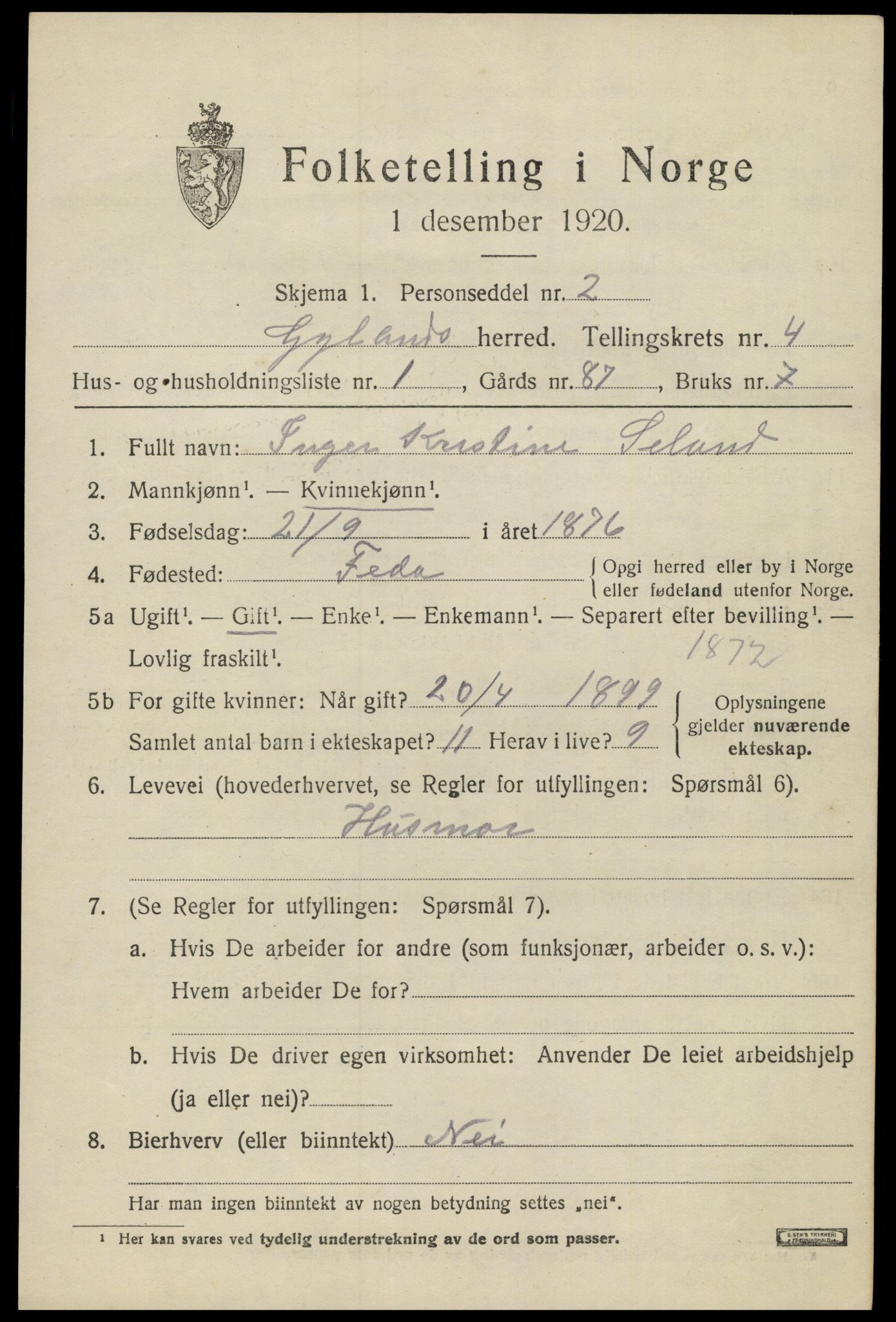 SAK, Folketelling 1920 for 1044 Gyland herred, 1920, s. 1040