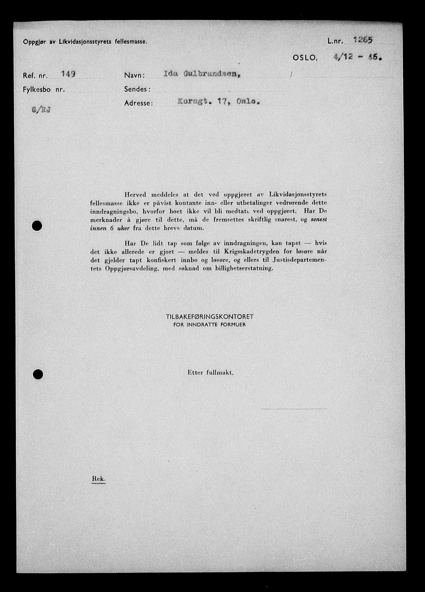 Justisdepartementet, Tilbakeføringskontoret for inndratte formuer, AV/RA-S-1564/H/Hc/Hcc/L0942: --, 1945-1947, s. 34