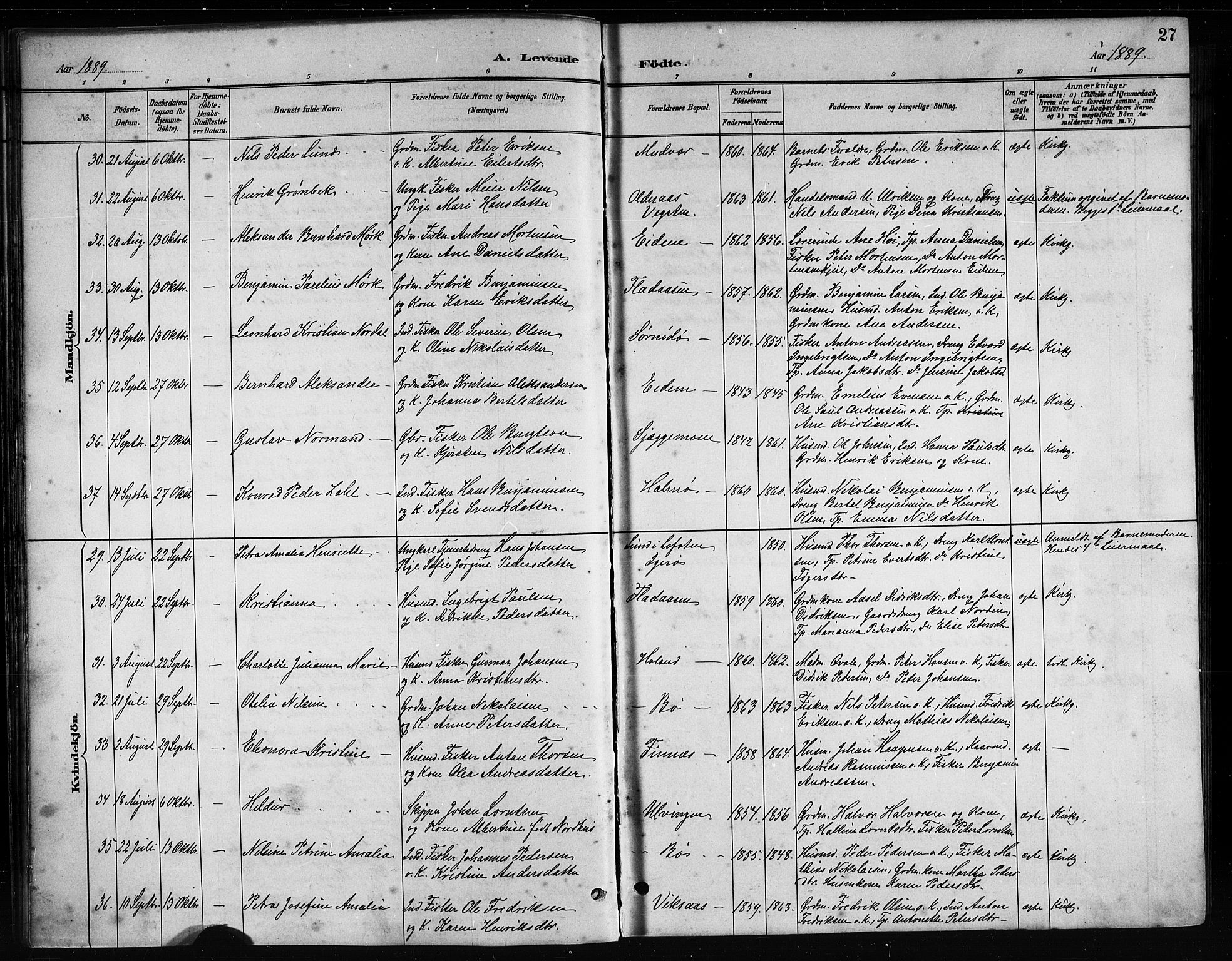 Ministerialprotokoller, klokkerbøker og fødselsregistre - Nordland, AV/SAT-A-1459/816/L0253: Klokkerbok nr. 816C03, 1886-1905, s. 27