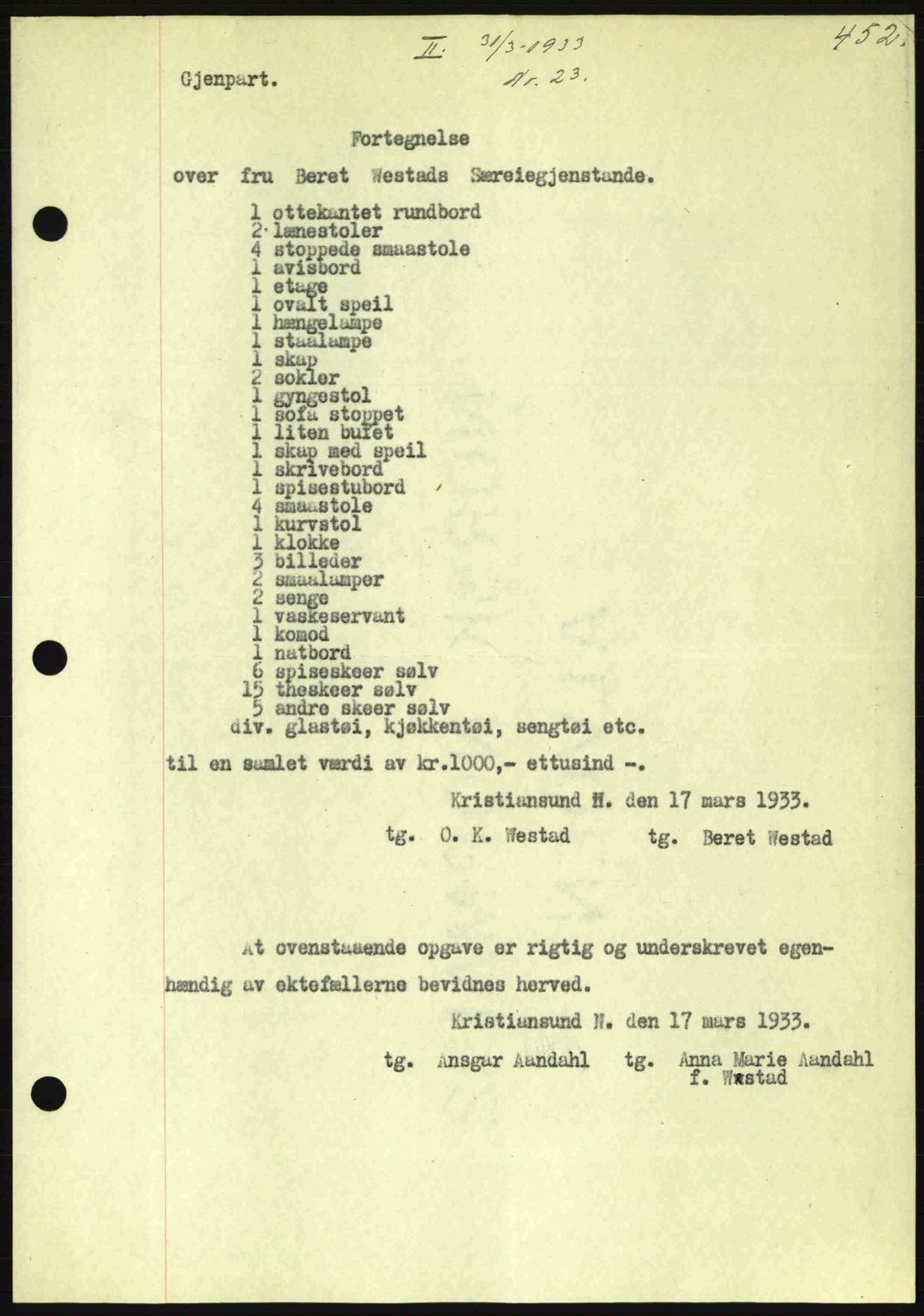 Kristiansund byfogd, AV/SAT-A-4587/A/27: Pantebok nr. 26, 1931-1933, Tingl.dato: 31.03.1933