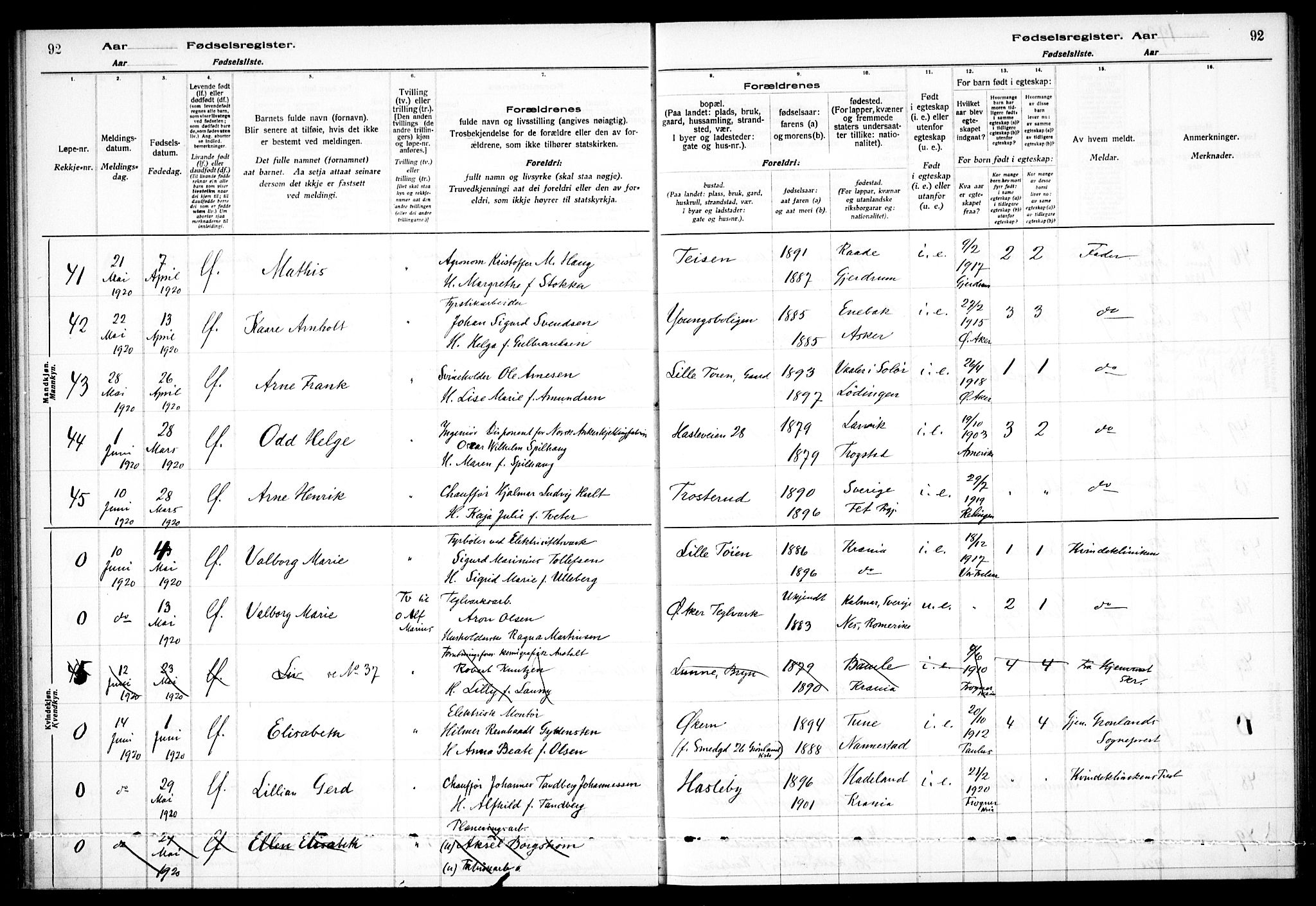Østre Aker prestekontor Kirkebøker, AV/SAO-A-10840/J/Ja/L0001: Fødselsregister nr. I 1, 1916-1923, s. 92