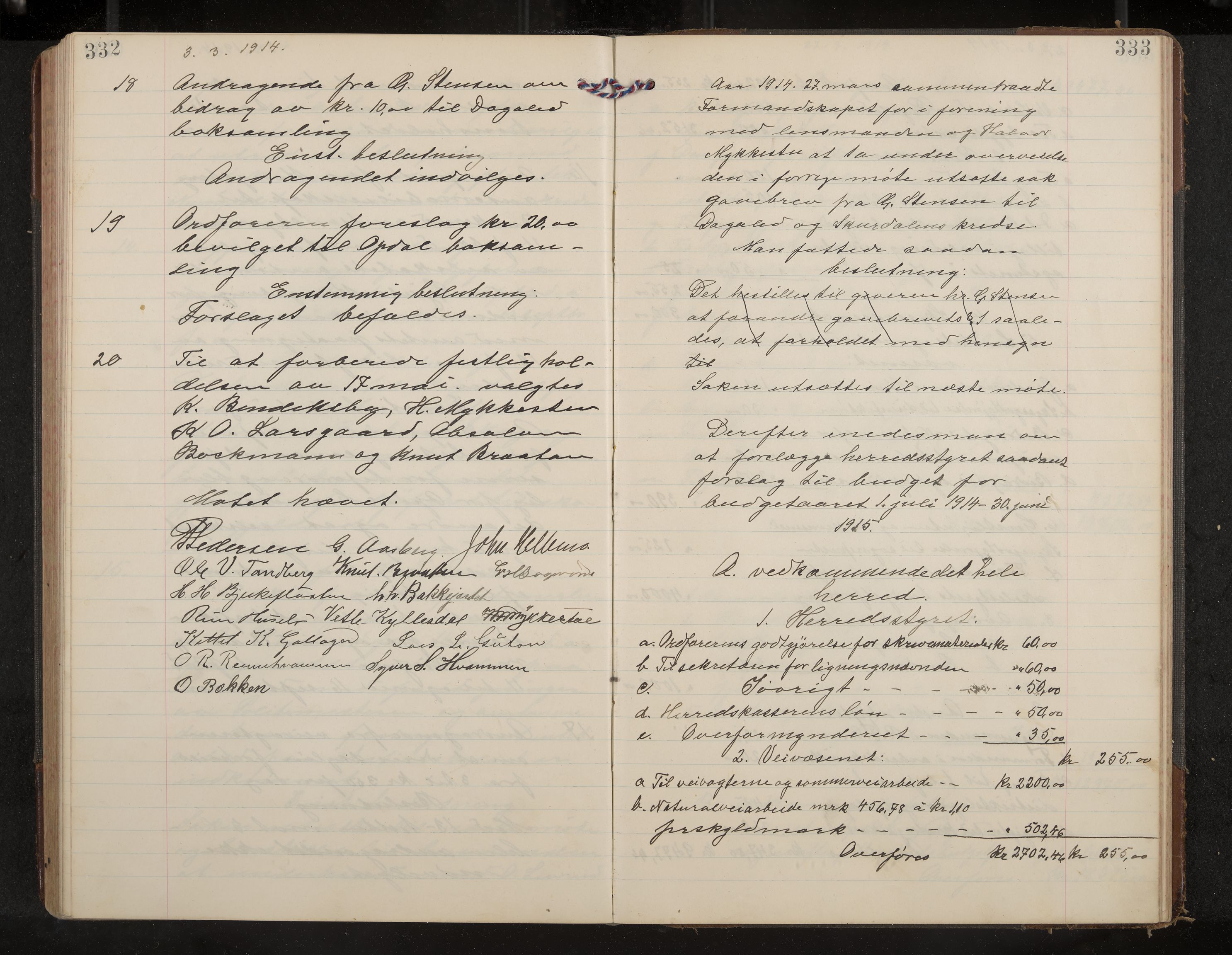 Uvdal formannskap og sentraladministrasjon, IKAK/0634021/A/Aa/L0002: Møtebok, 1909-1915, s. 332-333