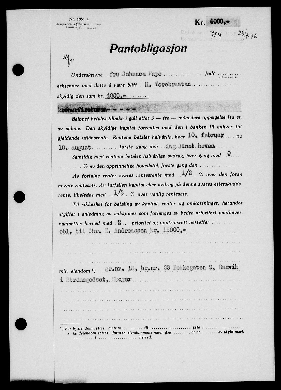 Holmestrand sorenskriveri, SAKO/A-67/G/Ga/Gab/L0058: Pantebok nr. B-58, 1947-1948, Dagboknr: 754/1948