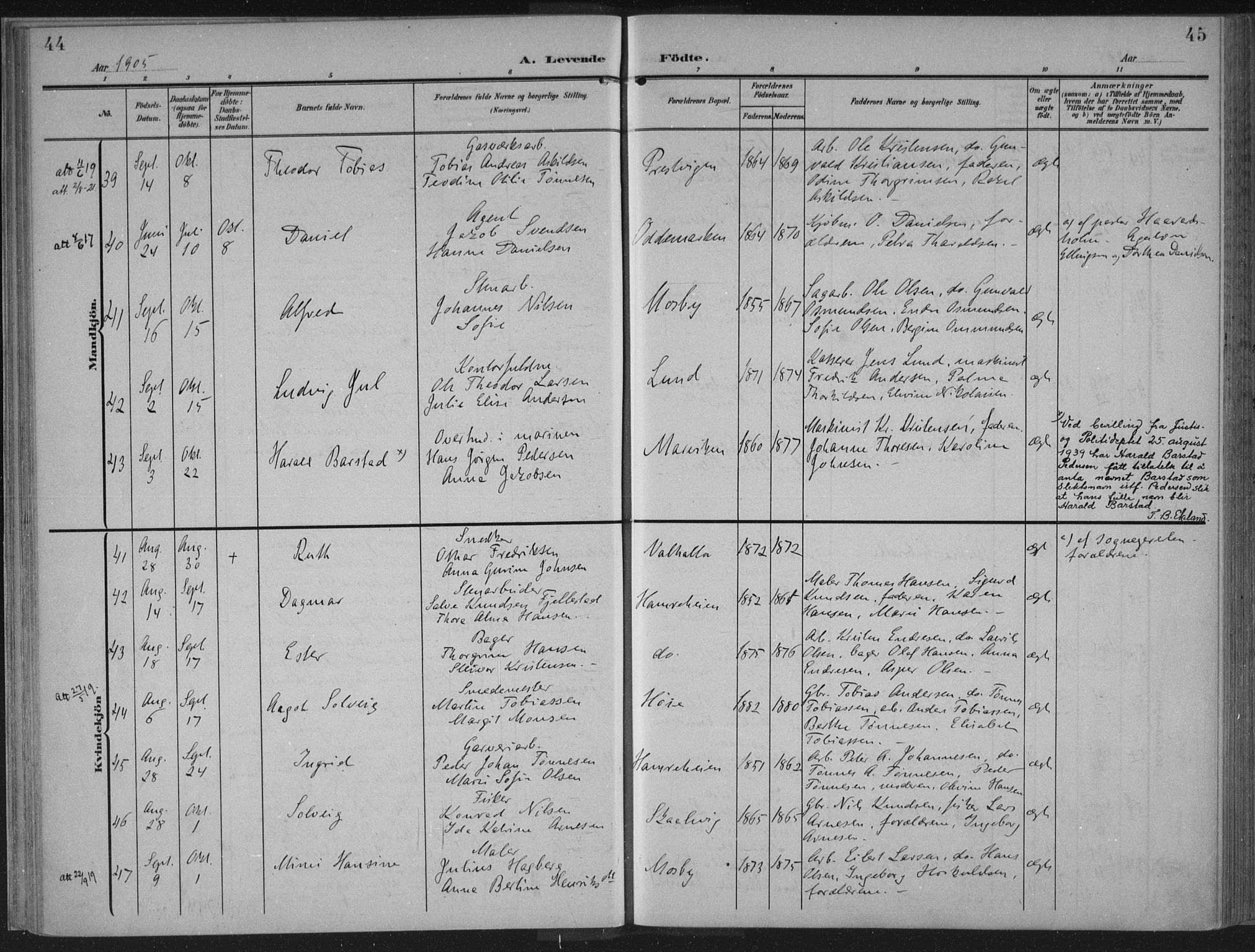 Oddernes sokneprestkontor, AV/SAK-1111-0033/F/Fa/Faa/L0011: Ministerialbok nr. A 11, 1904-1911, s. 44-45