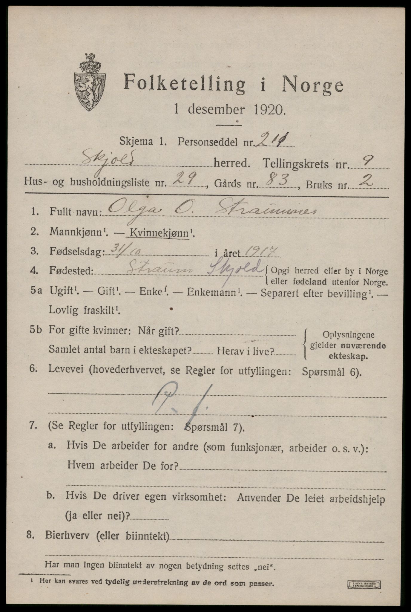 SAST, Folketelling 1920 for 1154 Skjold herred, 1920, s. 4816