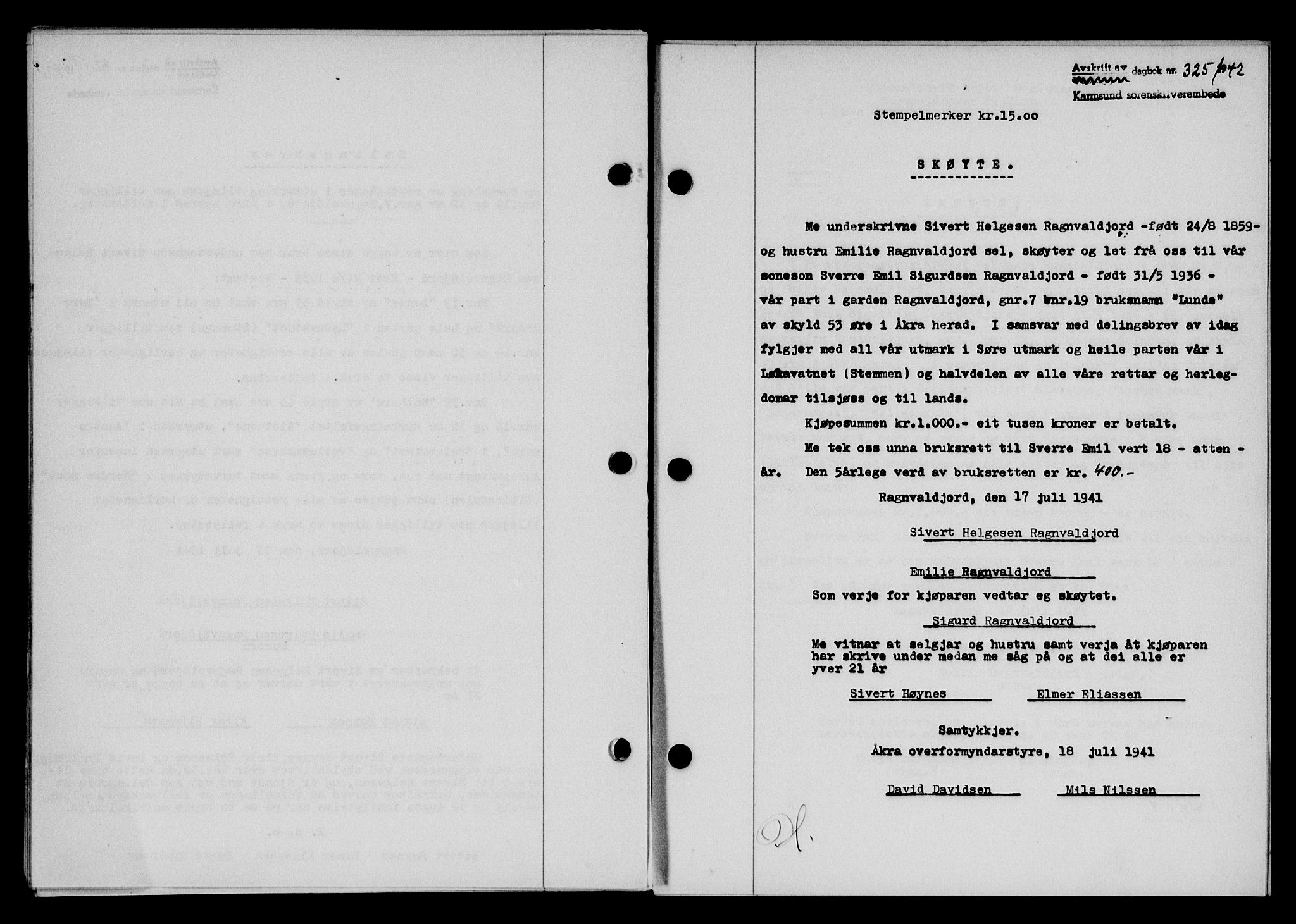 Karmsund sorenskriveri, SAST/A-100311/01/II/IIB/L0077: Pantebok nr. 58A, 1942-1942, Dagboknr: 325/1942