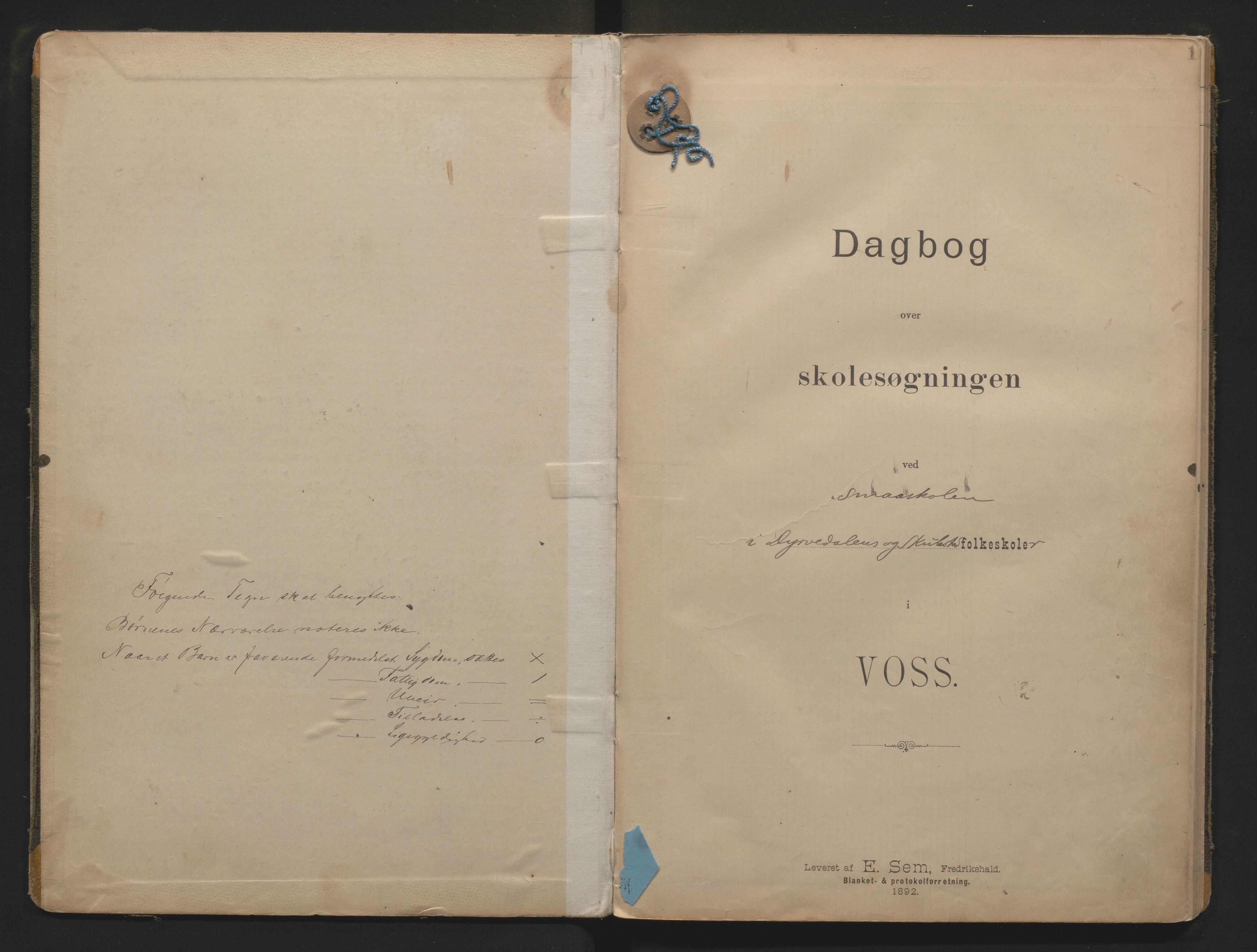 Voss kommune. Barneskulane, IKAH/1235-231/G/Ga/L0006: Dagbok for Dyrvedalen skule m/inventarliste, 1892-1912