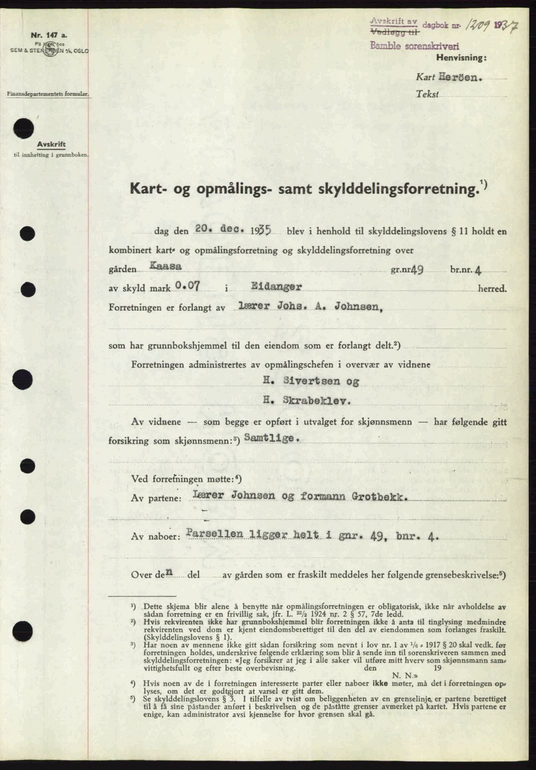 Bamble sorenskriveri, AV/SAKO-A-214/G/Ga/Gag/L0002: Pantebok nr. A-2, 1937-1938, Dagboknr: 1209/1937