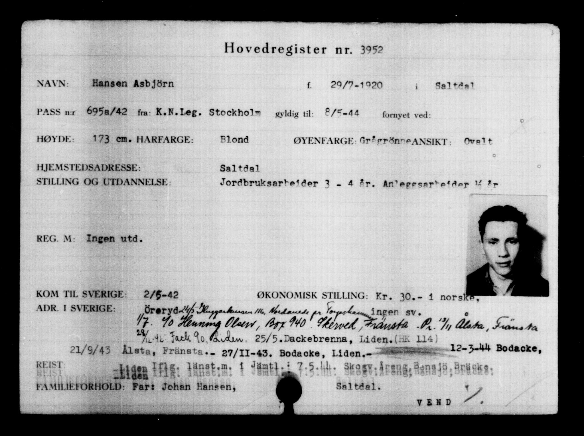 Utenriksstasjonene, Legasjonen i Stockholm, Flyktningkontoret, AV/RA-S-6753/V/Va/L0004: Kjesäterkartoteket, flyktninger med registreringsnr. 3496-6610, 1940-1945, s. 535