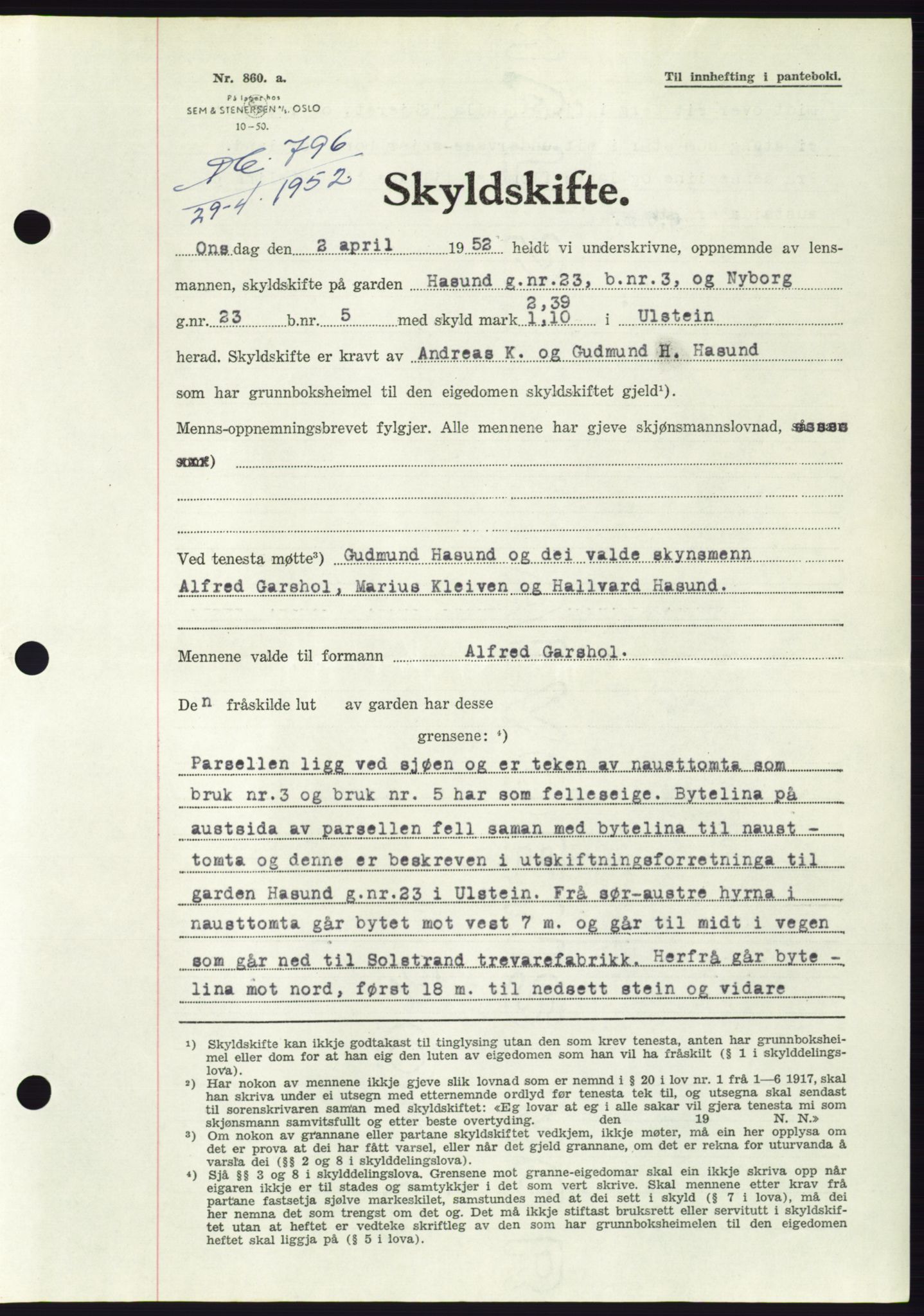 Søre Sunnmøre sorenskriveri, AV/SAT-A-4122/1/2/2C/L0092: Pantebok nr. 18A, 1952-1952, Dagboknr: 796/1952