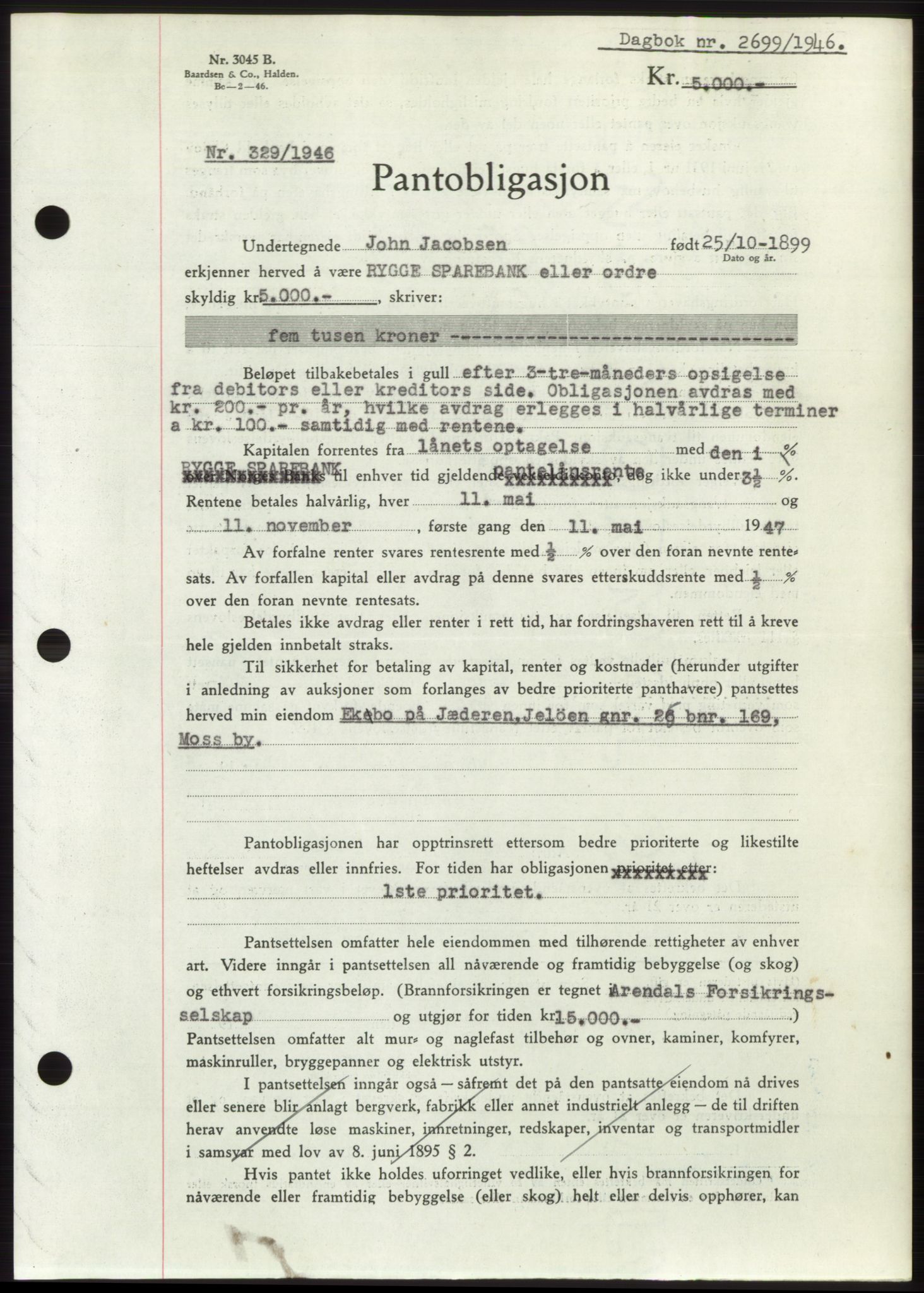 Moss sorenskriveri, SAO/A-10168: Pantebok nr. B16, 1946-1947, Dagboknr: 2699/1946