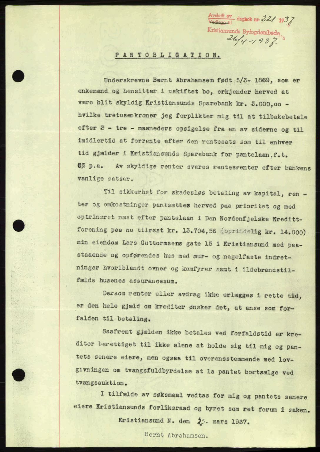 Kristiansund byfogd, AV/SAT-A-4587/A/27: Pantebok nr. 29, 1936-1937, Dagboknr: 221/1937