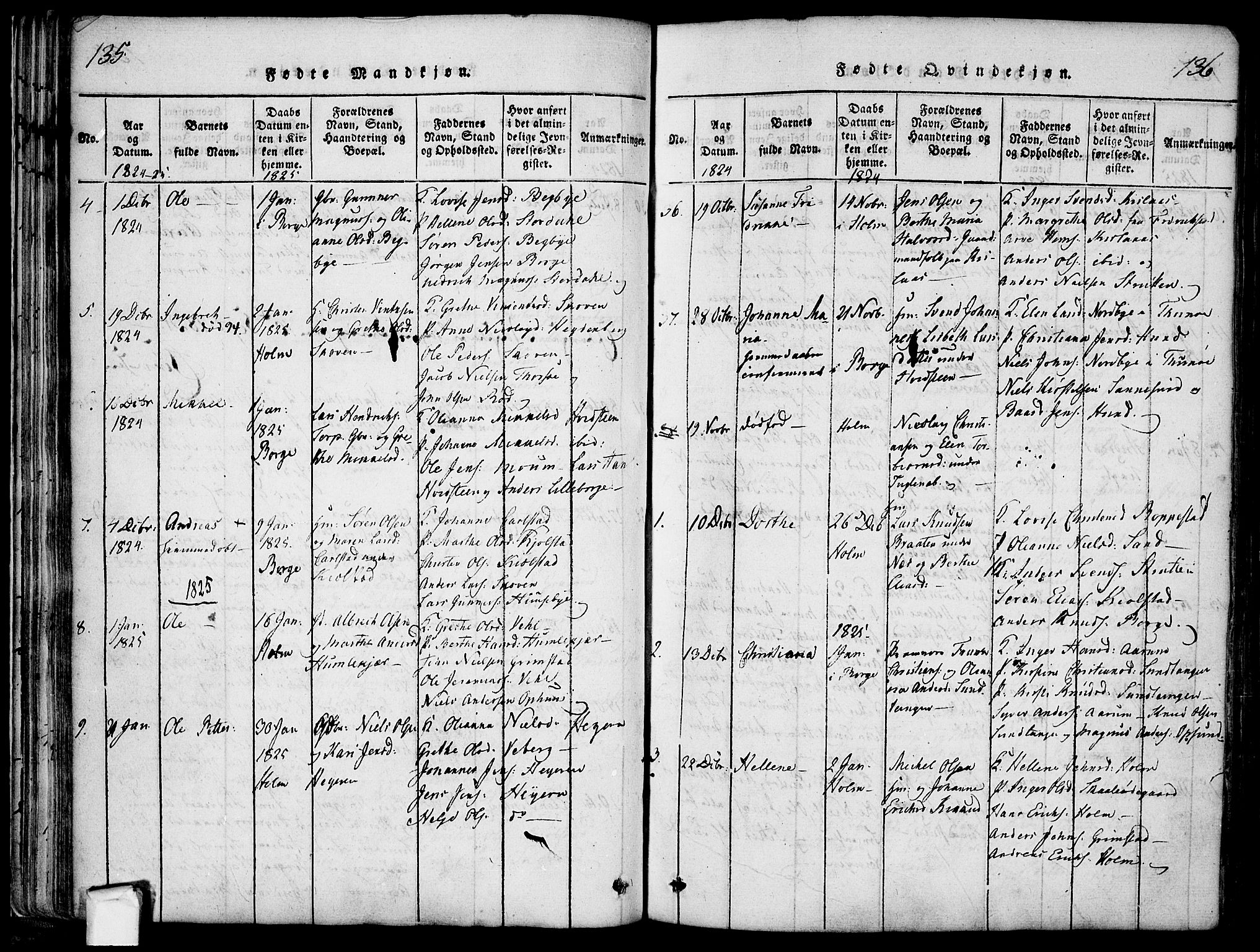Borge prestekontor Kirkebøker, SAO/A-10903/F/Fa/L0003: Ministerialbok nr. I 3, 1815-1836, s. 135-136