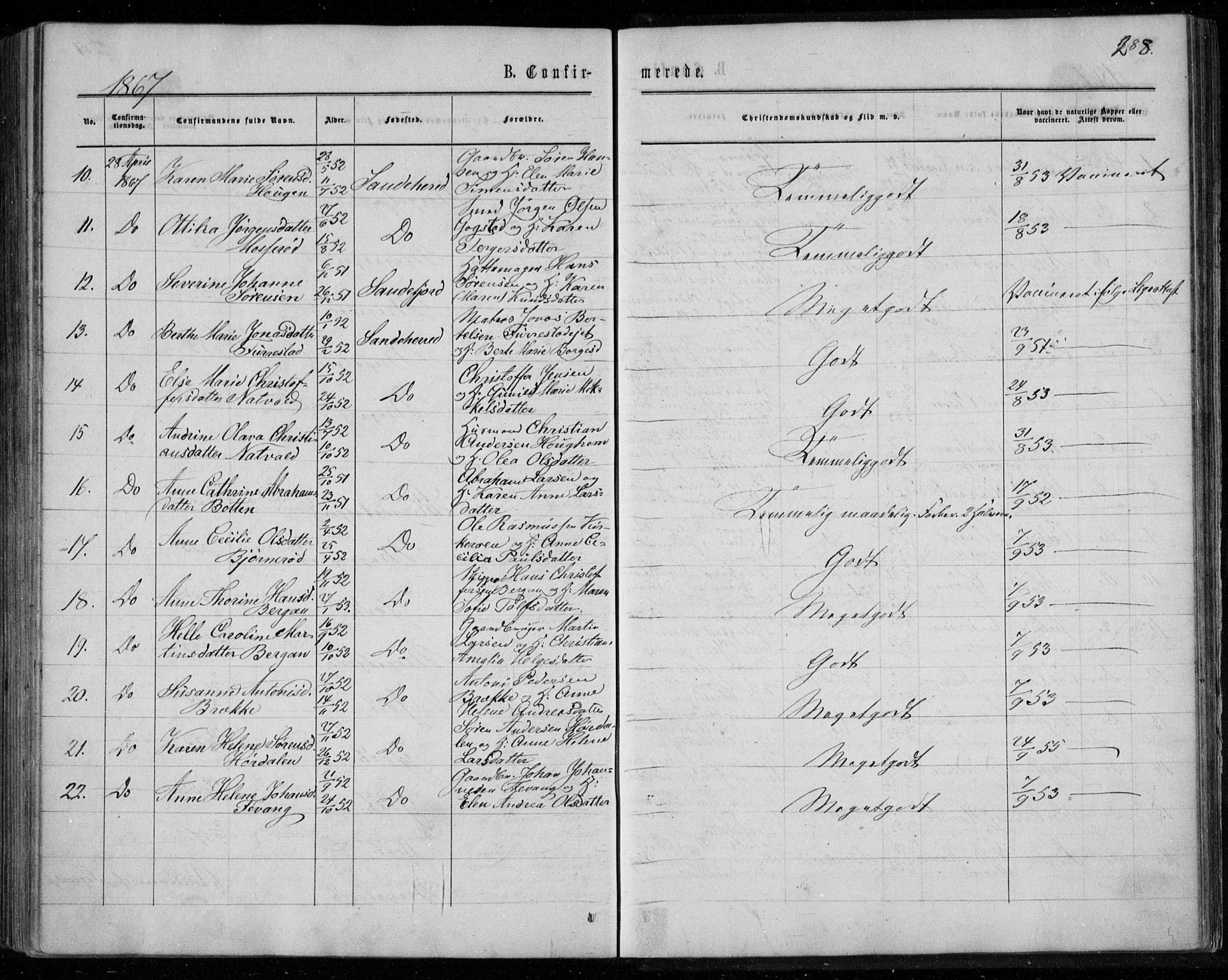 Sandar kirkebøker, AV/SAKO-A-243/F/Fa/L0008: Ministerialbok nr. 8, 1862-1871, s. 288